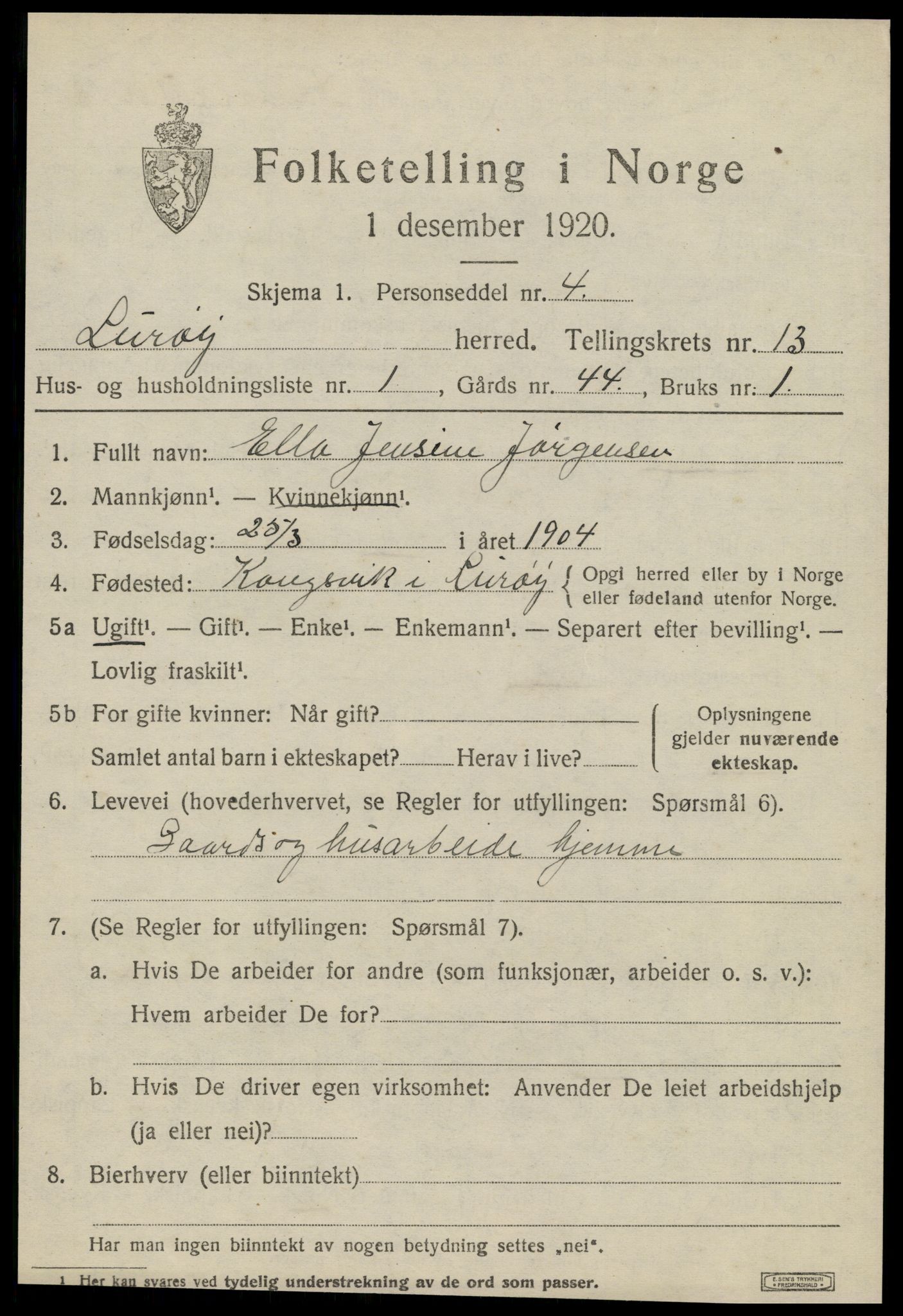 SAT, 1920 census for Lurøy, 1920, p. 5189