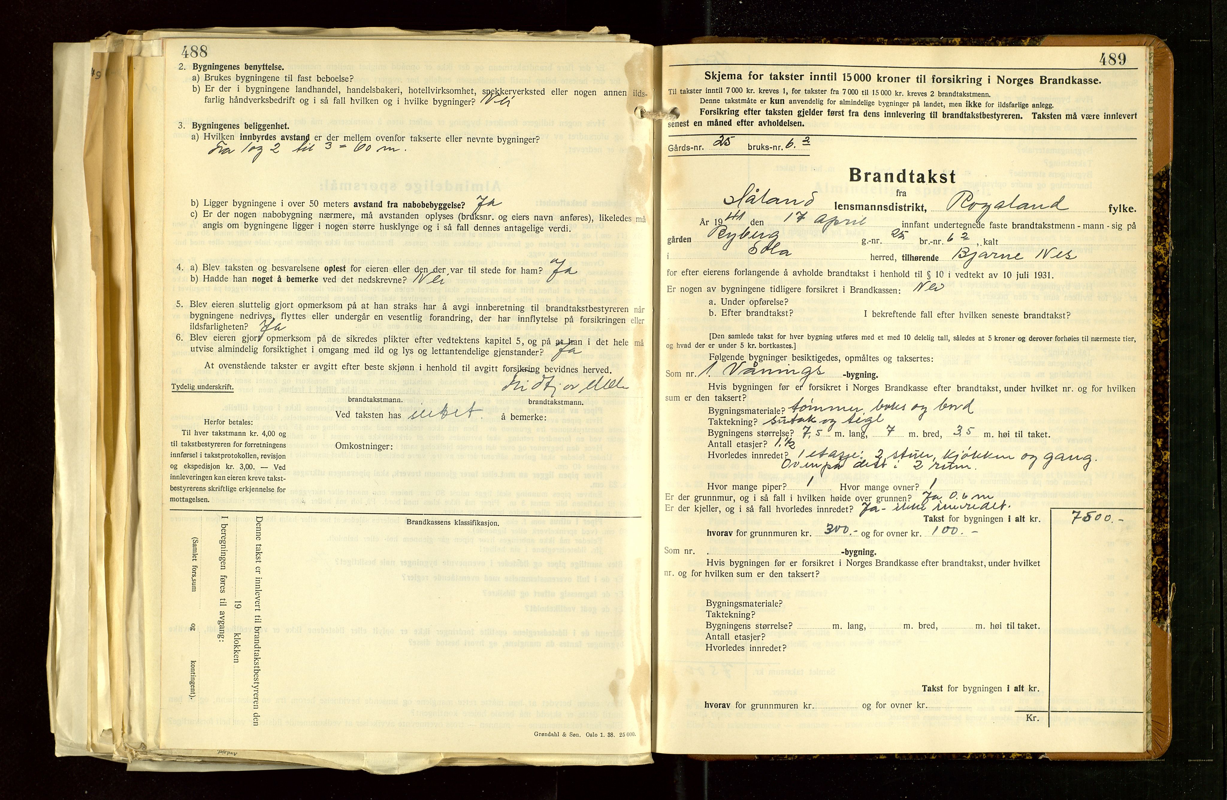 Håland lensmannskontor, AV/SAST-A-100100/Gob/L0012: "Brandtakstprotokoll" - skjematakst. Register i boken., 1938-1941, p. 488-489