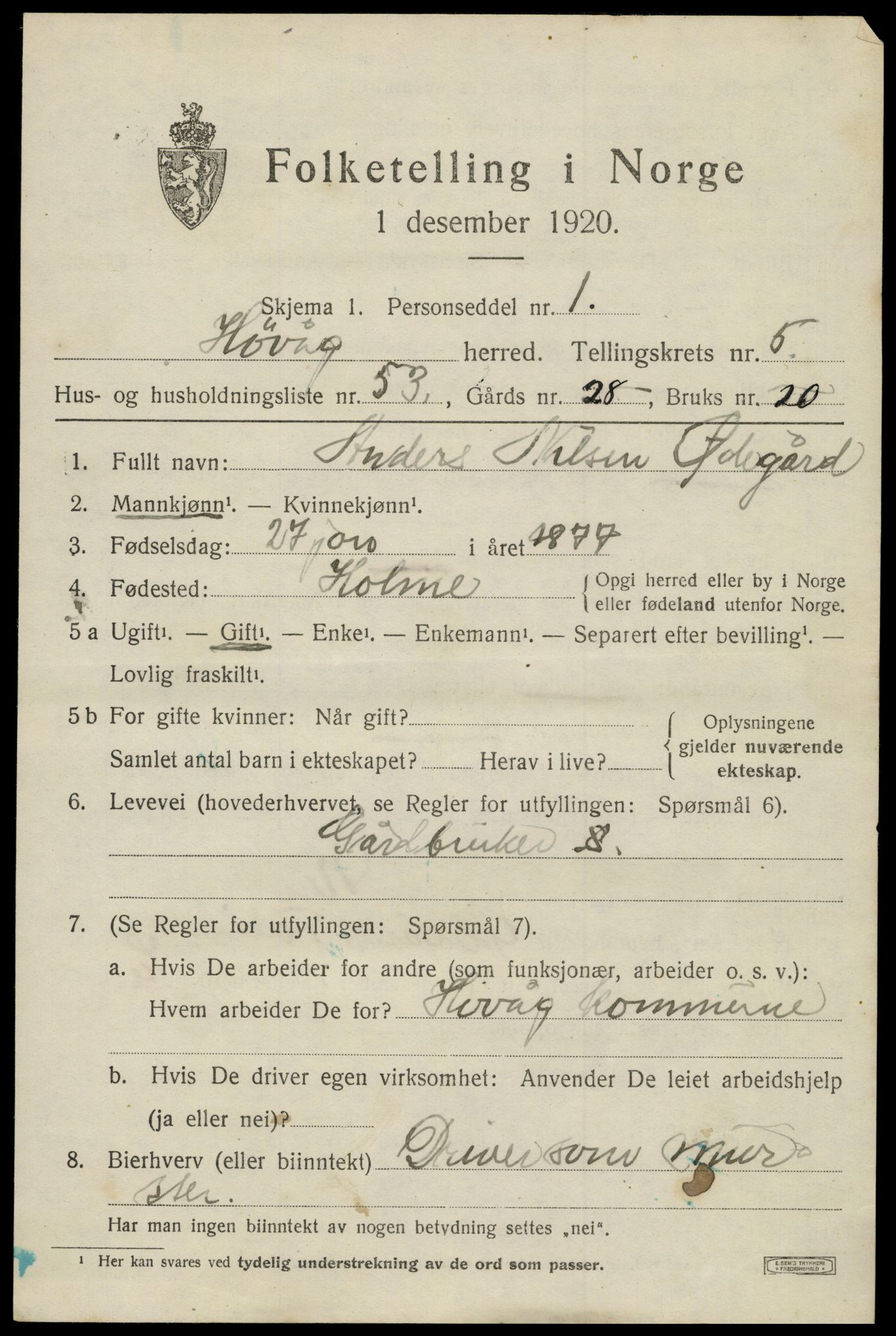 SAK, 1920 census for Høvåg, 1920, p. 3092