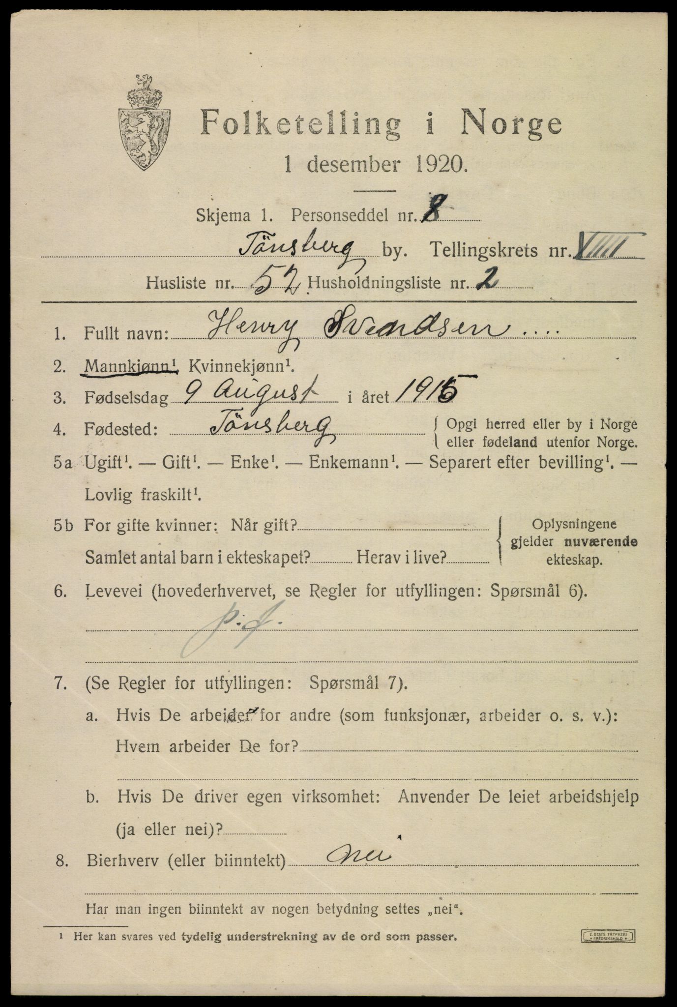 SAKO, 1920 census for Tønsberg, 1920, p. 18211