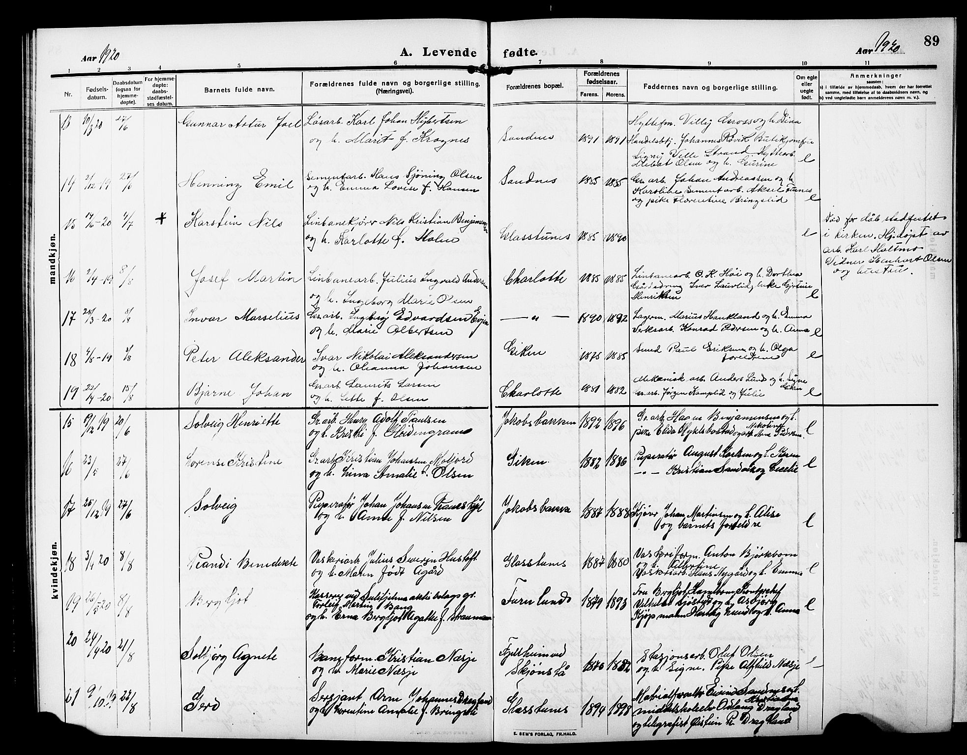 Ministerialprotokoller, klokkerbøker og fødselsregistre - Nordland, AV/SAT-A-1459/850/L0710: Parish register (official) no. 850A02, 1910-1920, p. 89