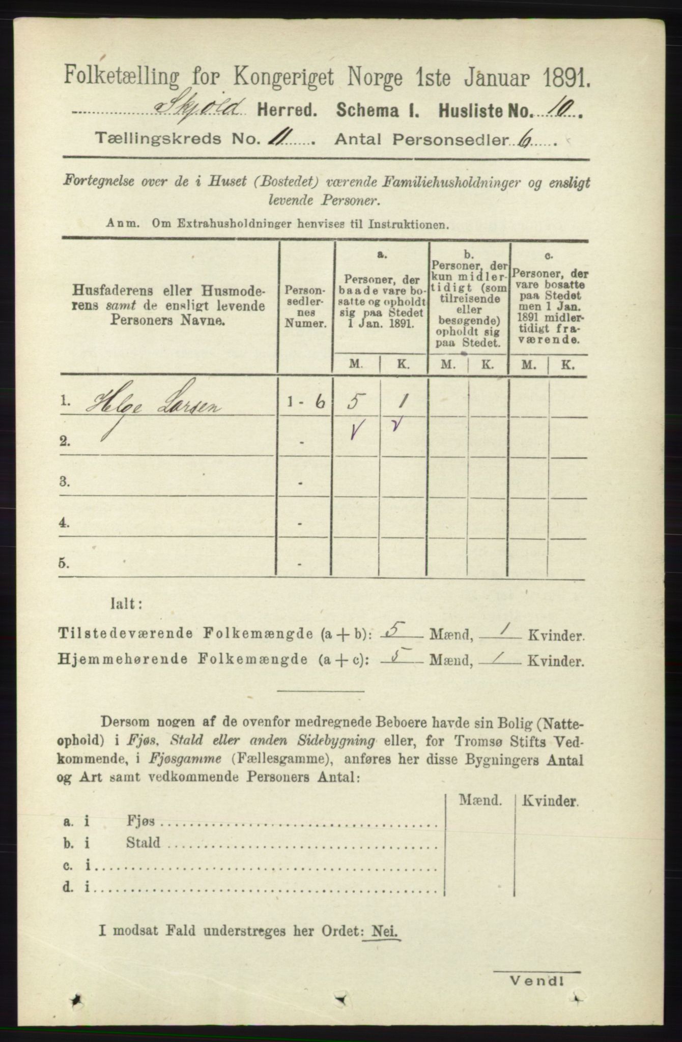 RA, 1891 census for 1154 Skjold, 1891, p. 2045