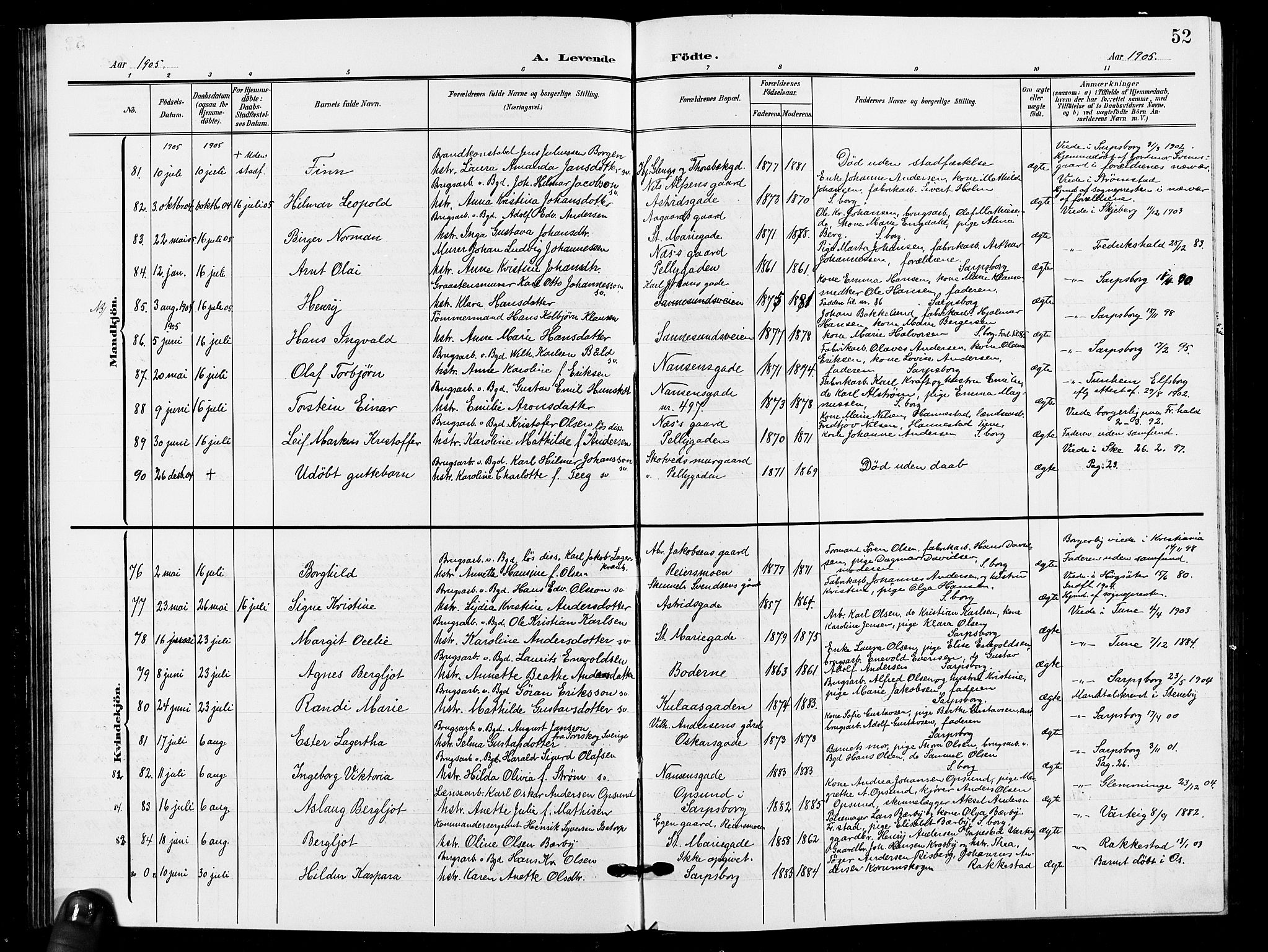 Sarpsborg prestekontor Kirkebøker, AV/SAO-A-2006/G/Ga/L0001: Parish register (copy) no. 1, 1902-1911, p. 52
