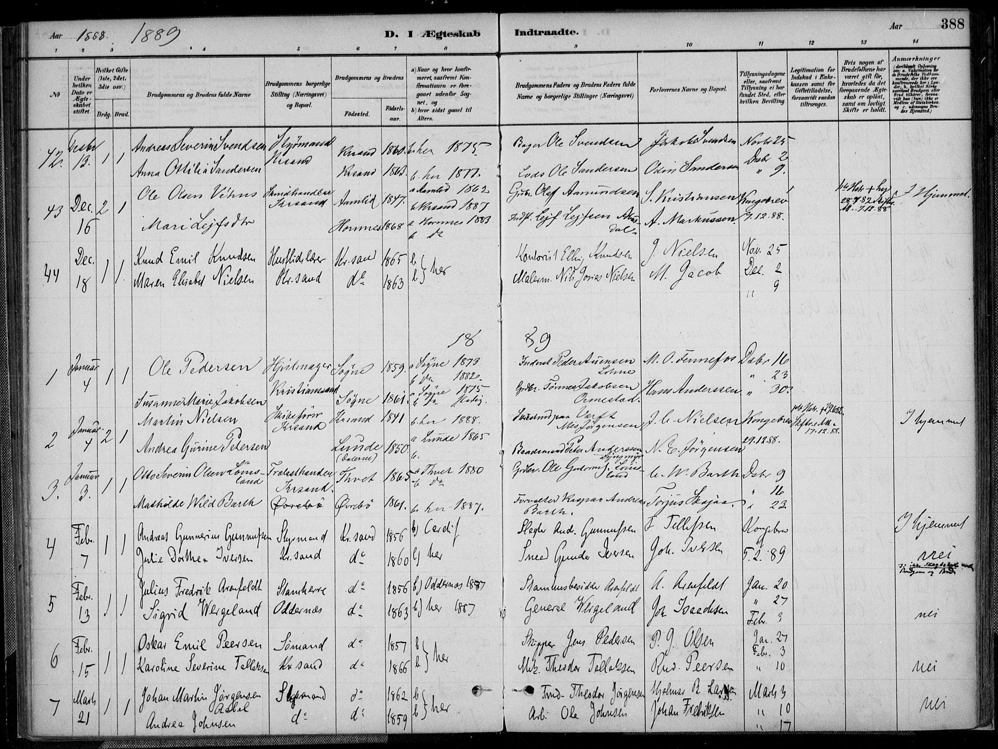 Kristiansand domprosti, SAK/1112-0006/F/Fa/L0017: Parish register (official) no. A 16B, 1880-1890, p. 388