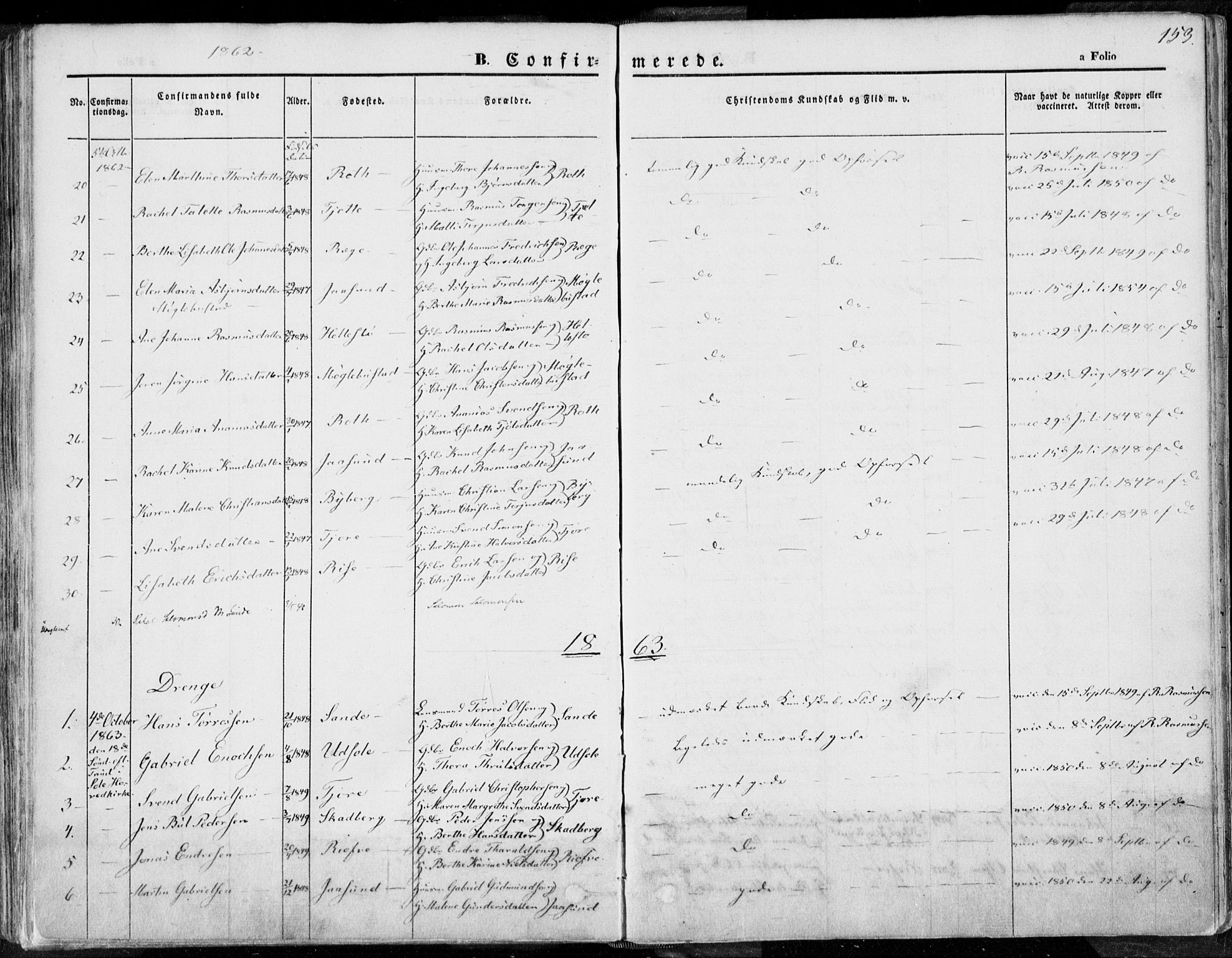 Håland sokneprestkontor, AV/SAST-A-101802/001/30BA/L0007: Parish register (official) no. A 7.1, 1854-1870, p. 153