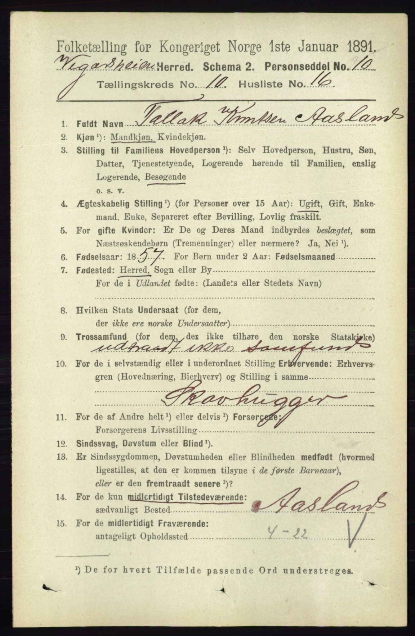 RA, 1891 census for 0912 Vegårshei, 1891, p. 2065