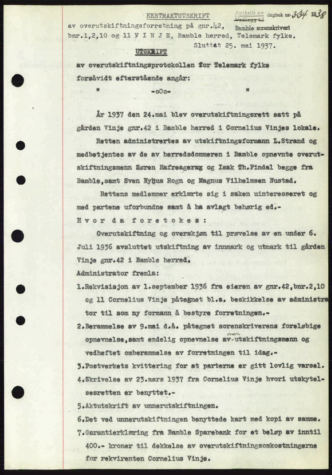 Bamble sorenskriveri, AV/SAKO-A-214/G/Ga/Gag/L0002: Mortgage book no. A-2, 1937-1938, Diary no: : 334/1938