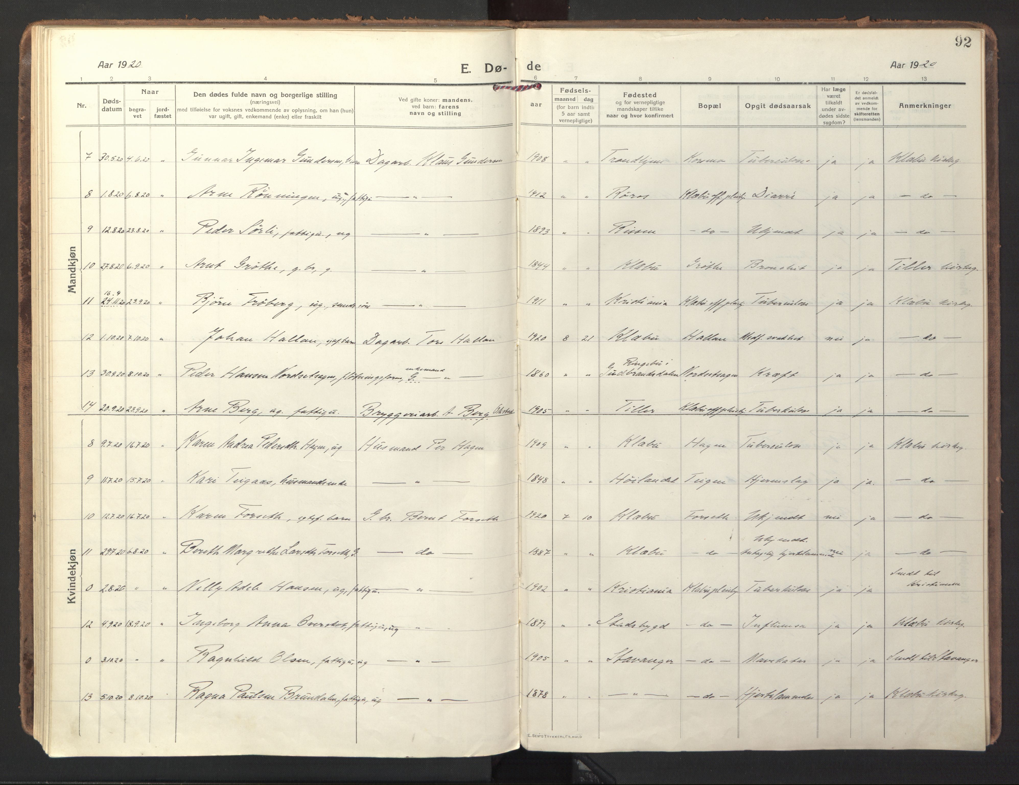 Ministerialprotokoller, klokkerbøker og fødselsregistre - Sør-Trøndelag, SAT/A-1456/618/L0449: Parish register (official) no. 618A12, 1917-1924, p. 92