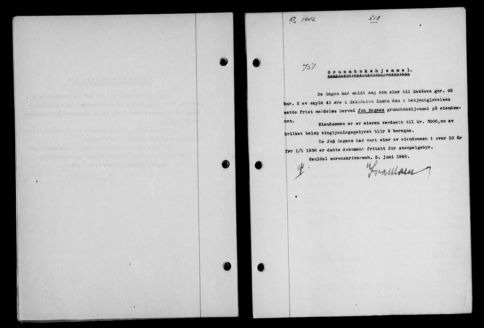Gauldal sorenskriveri, SAT/A-0014/1/2/2C/L0054: Mortgage book no. 59, 1941-1942, Diary no: : 751/1942