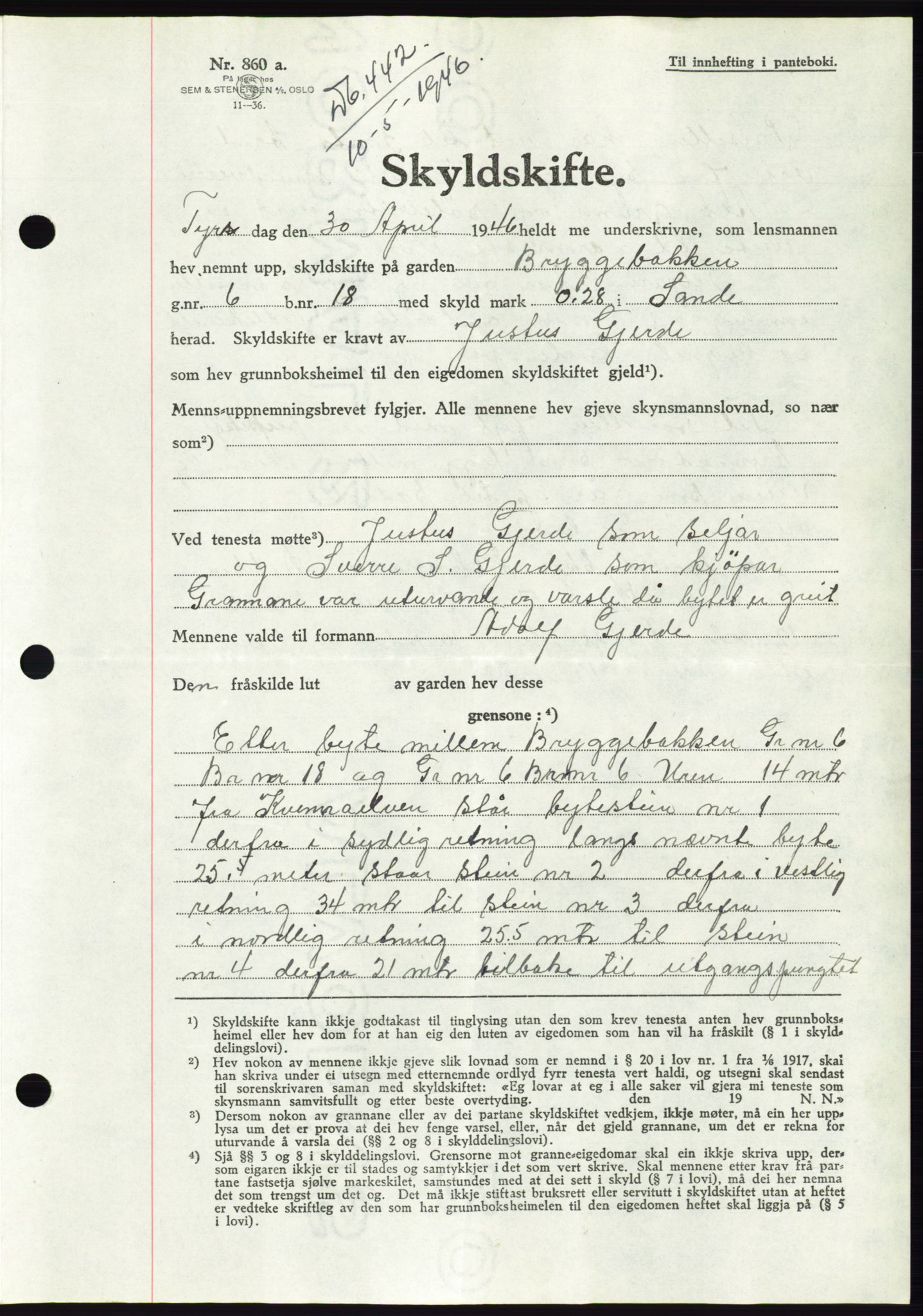 Søre Sunnmøre sorenskriveri, AV/SAT-A-4122/1/2/2C/L0078: Mortgage book no. 4A, 1946-1946, Diary no: : 442/1946