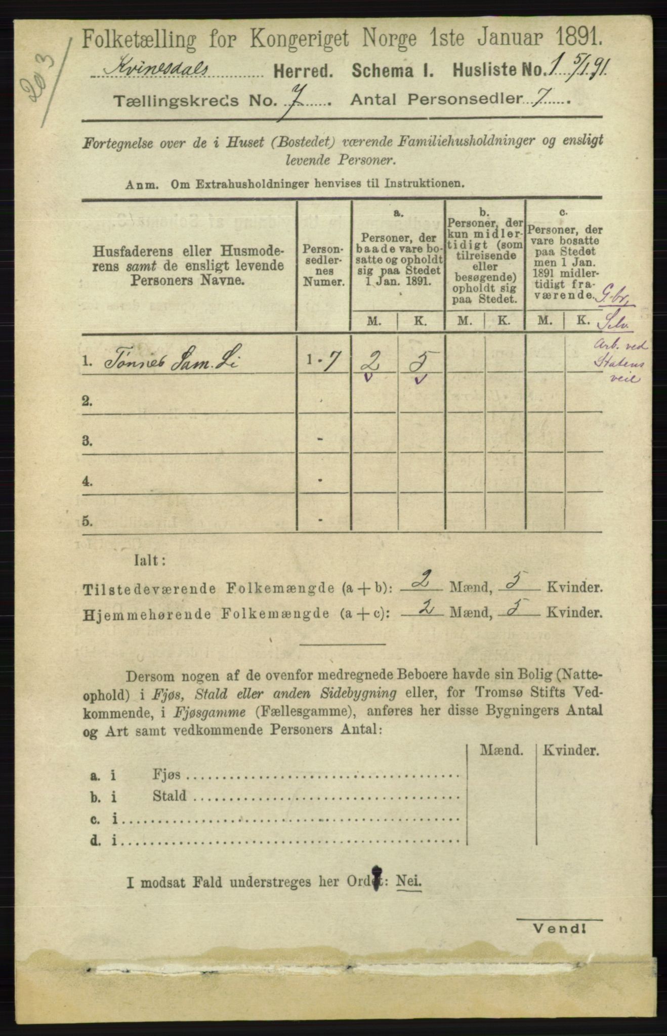 RA, 1891 census for 1037 Kvinesdal, 1891, p. 2376