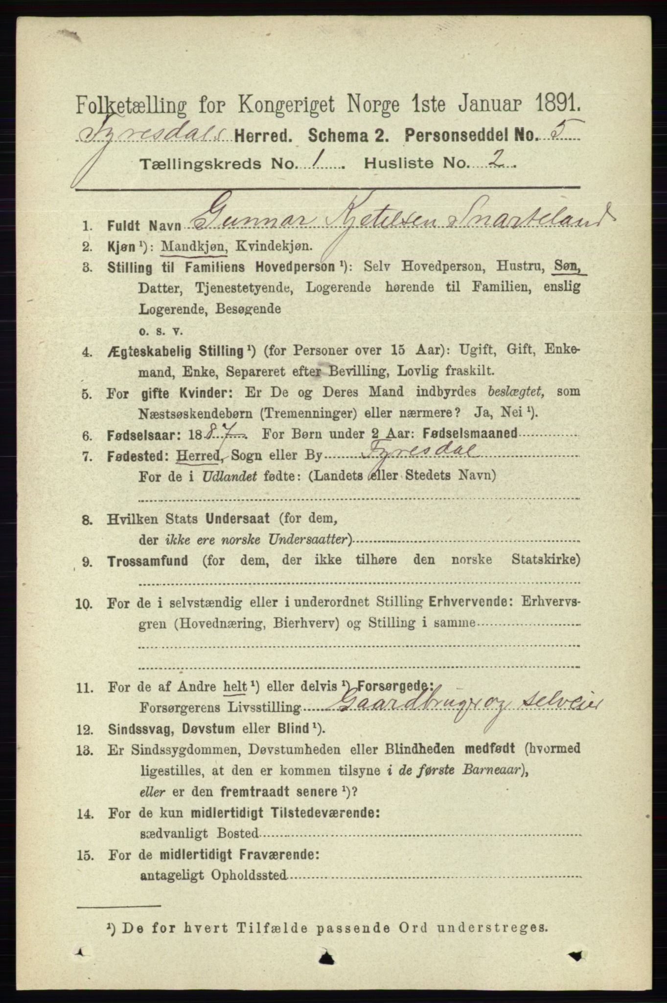 RA, 1891 census for 0831 Fyresdal, 1891, p. 70