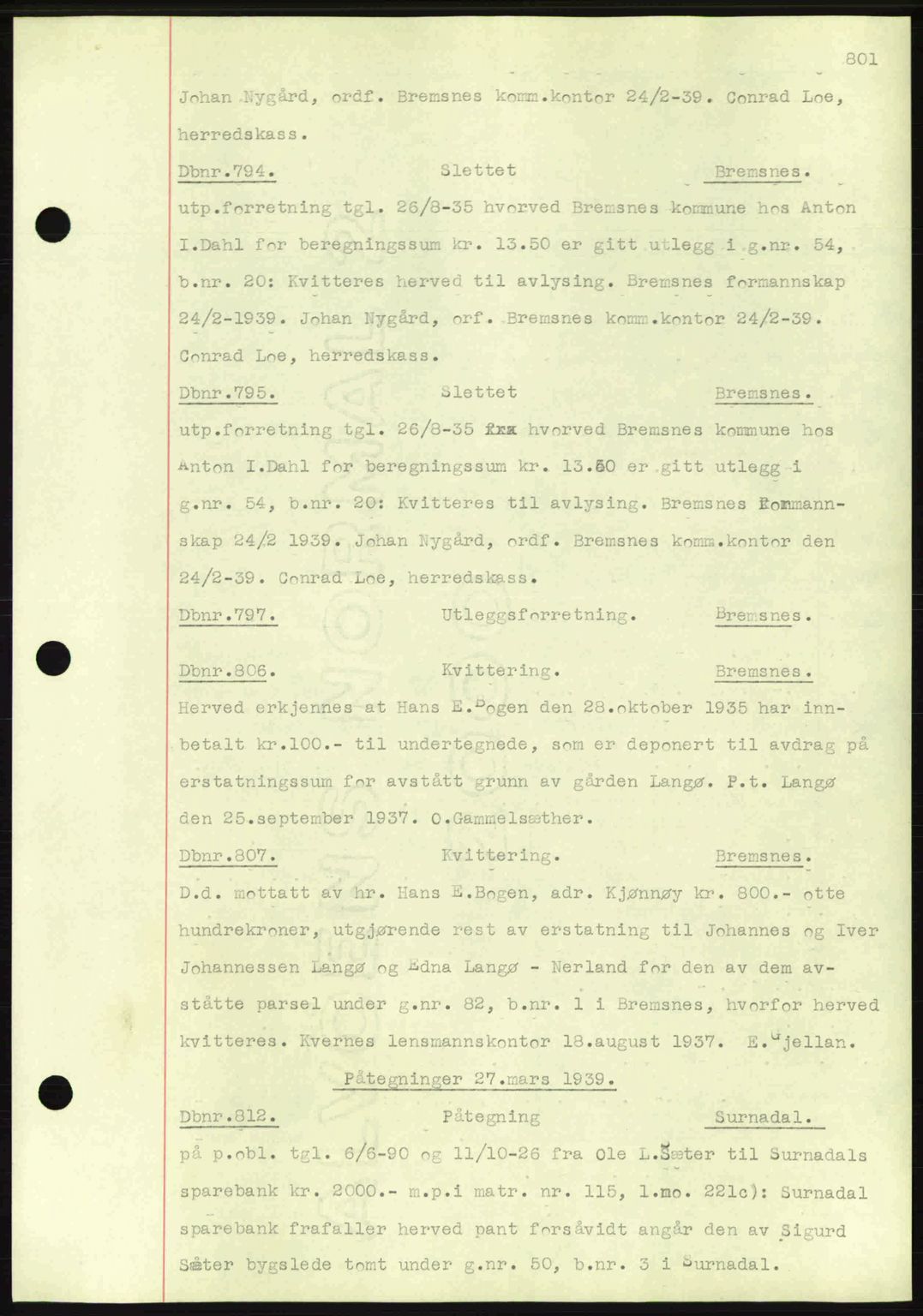 Nordmøre sorenskriveri, AV/SAT-A-4132/1/2/2Ca: Mortgage book no. C80, 1936-1939, Diary no: : 794/1939