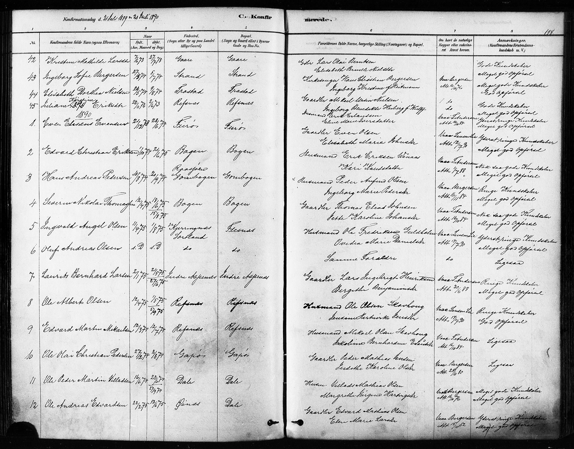 Kvæfjord sokneprestkontor, SATØ/S-1323/G/Ga/Gaa/L0005kirke: Parish register (official) no. 5, 1878-1894, p. 198