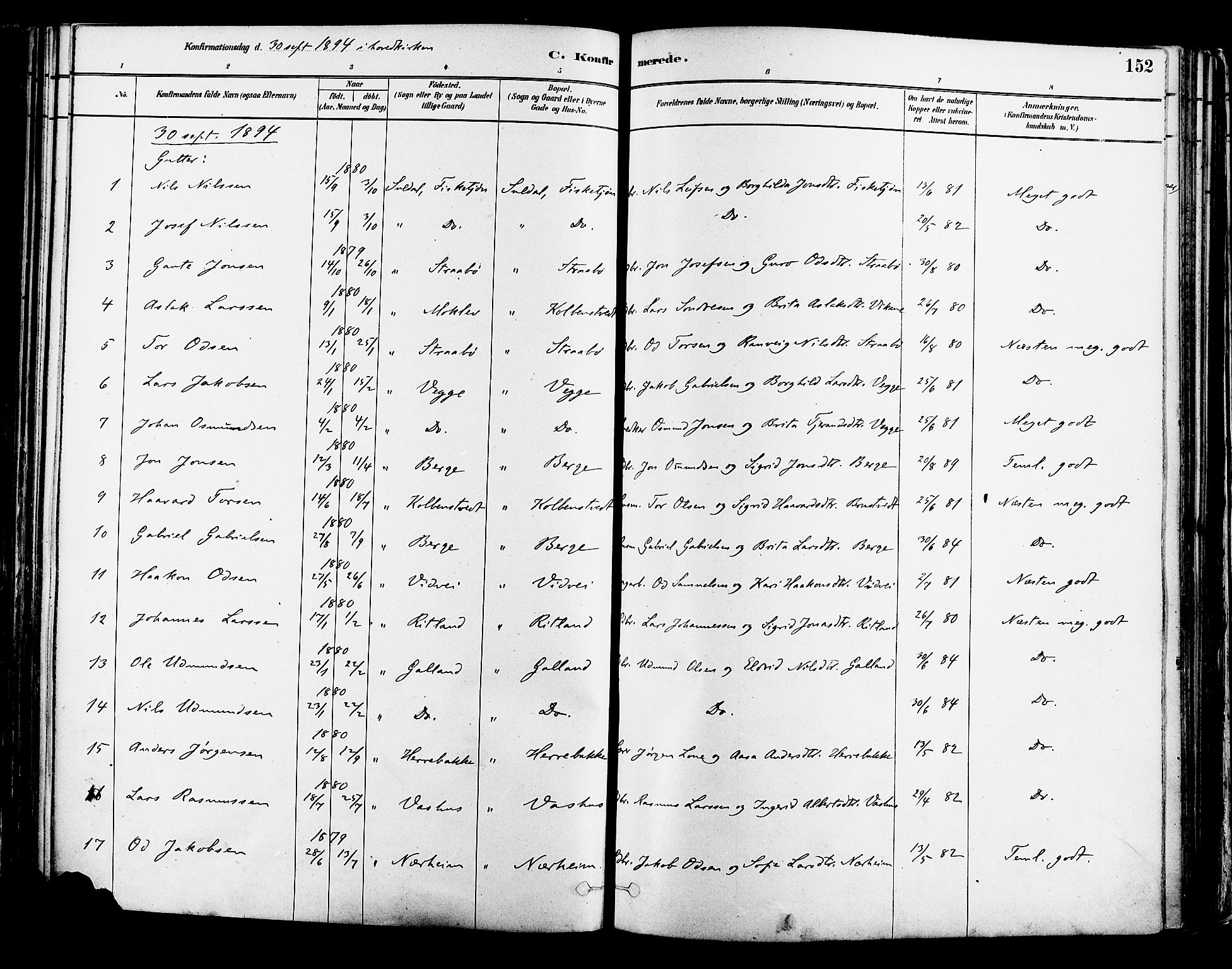 Suldal sokneprestkontor, AV/SAST-A-101845/01/IV/L0011: Parish register (official) no. A 11, 1878-1900, p. 152