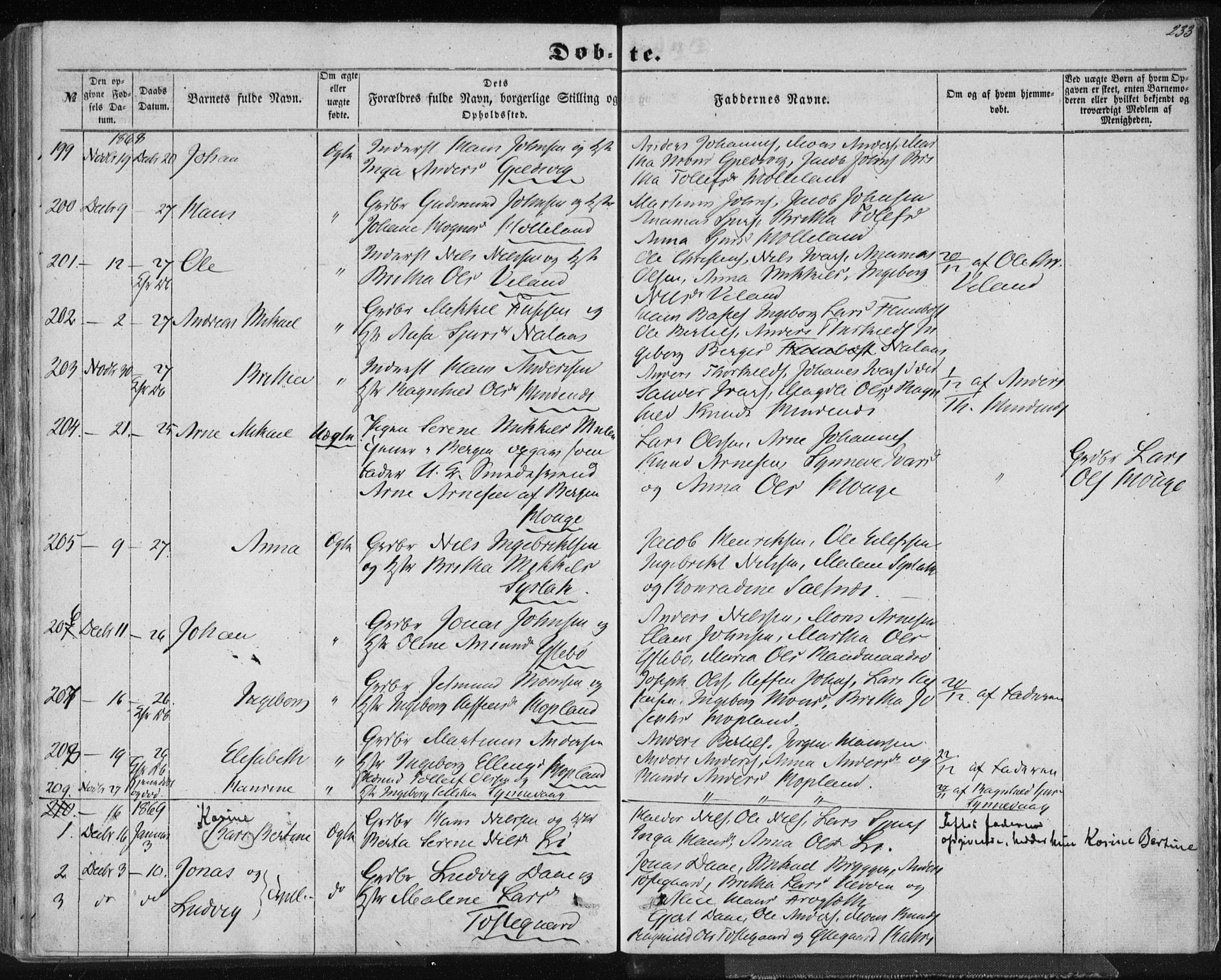 Lindås Sokneprestembete, SAB/A-76701/H/Haa: Parish register (official) no. A 11, 1854-1869, p. 233