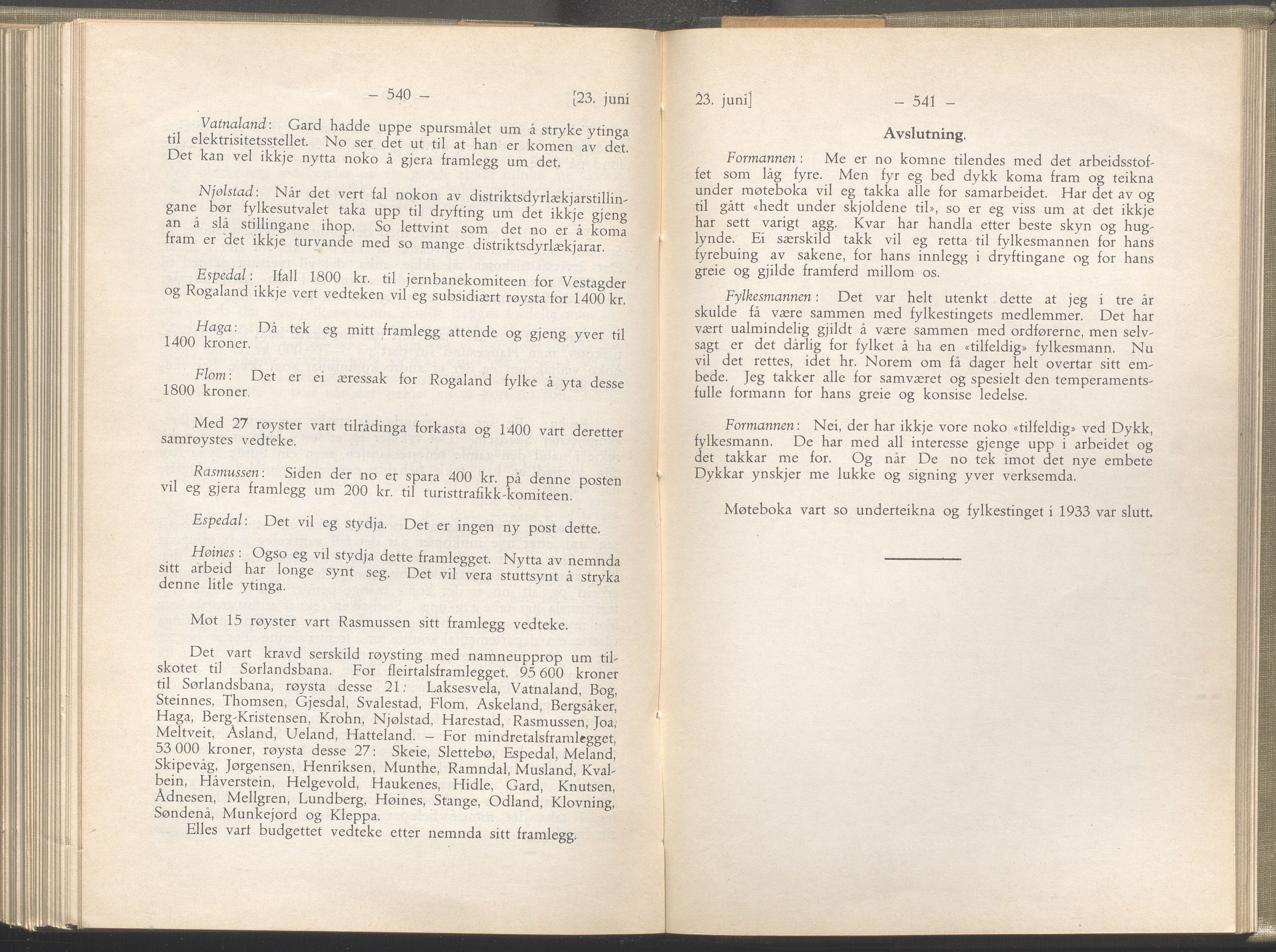 Rogaland fylkeskommune - Fylkesrådmannen , IKAR/A-900/A/Aa/Aaa/L0052: Møtebok , 1933, p. 540-541