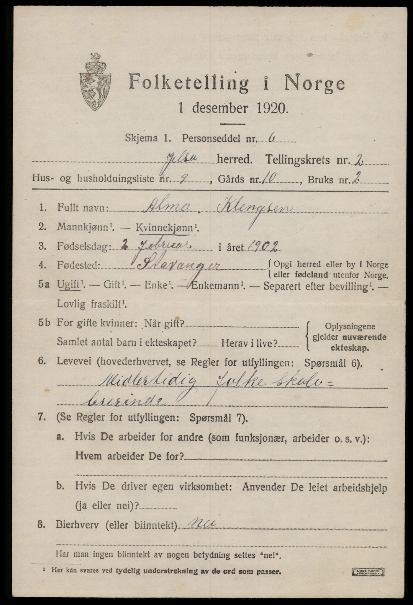 SAST, 1920 census for Jelsa, 1920, p. 934