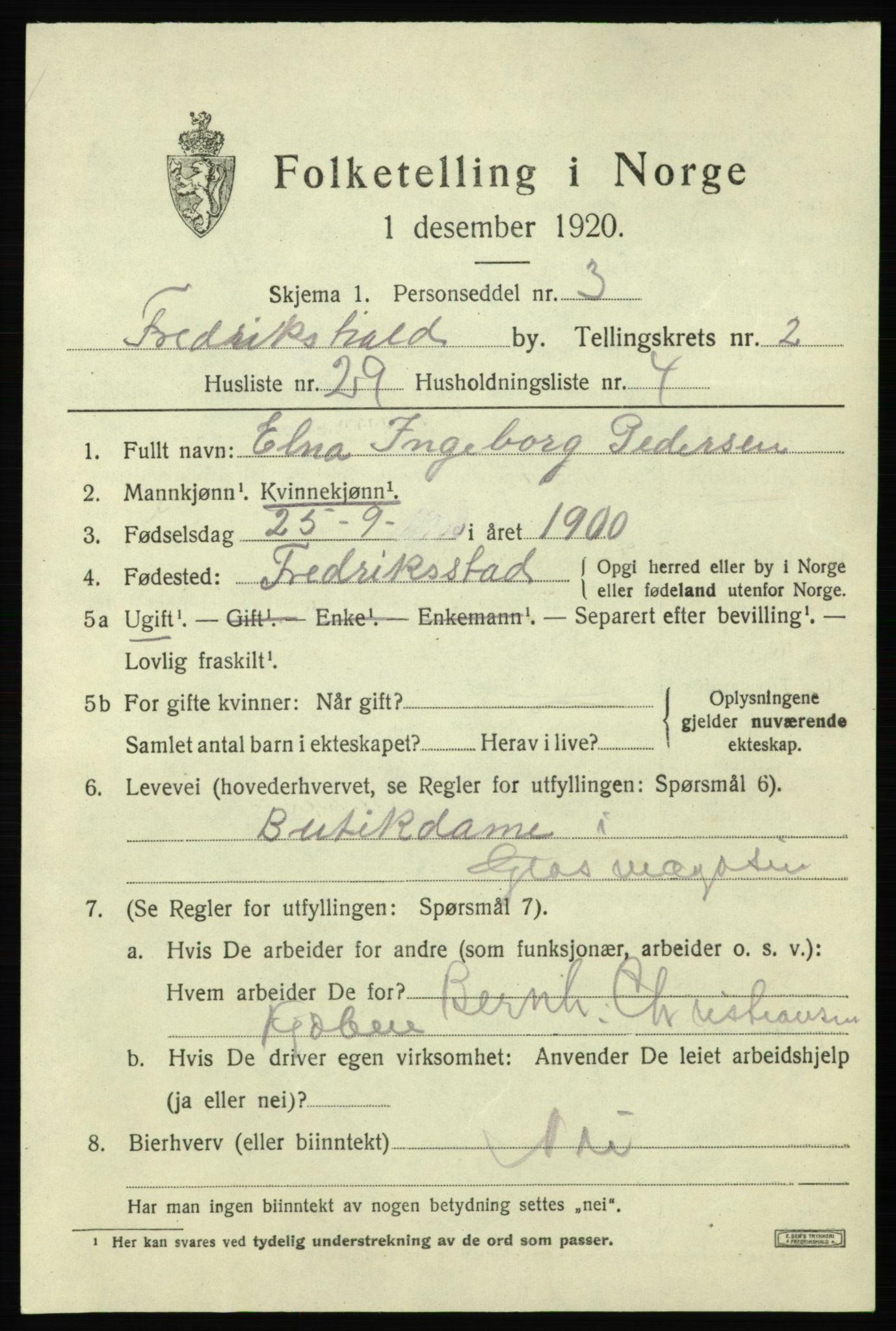 SAO, 1920 census for Fredrikshald, 1920, p. 9996