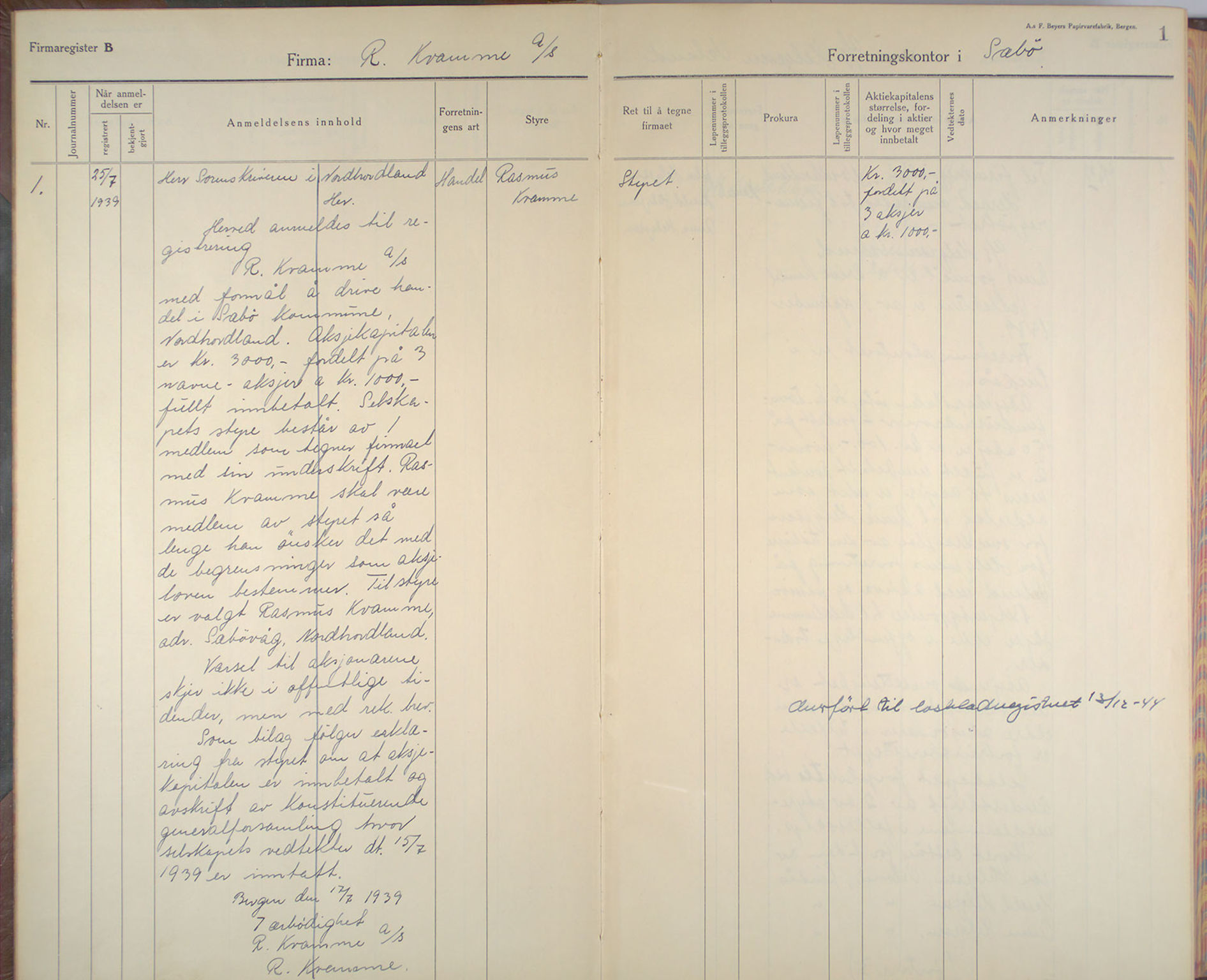 Nordhordland sorenskrivar, AV/SAB-A-2901/1/L/Lb/L0004: Aksjeselskap, 1939-1943, p. 1