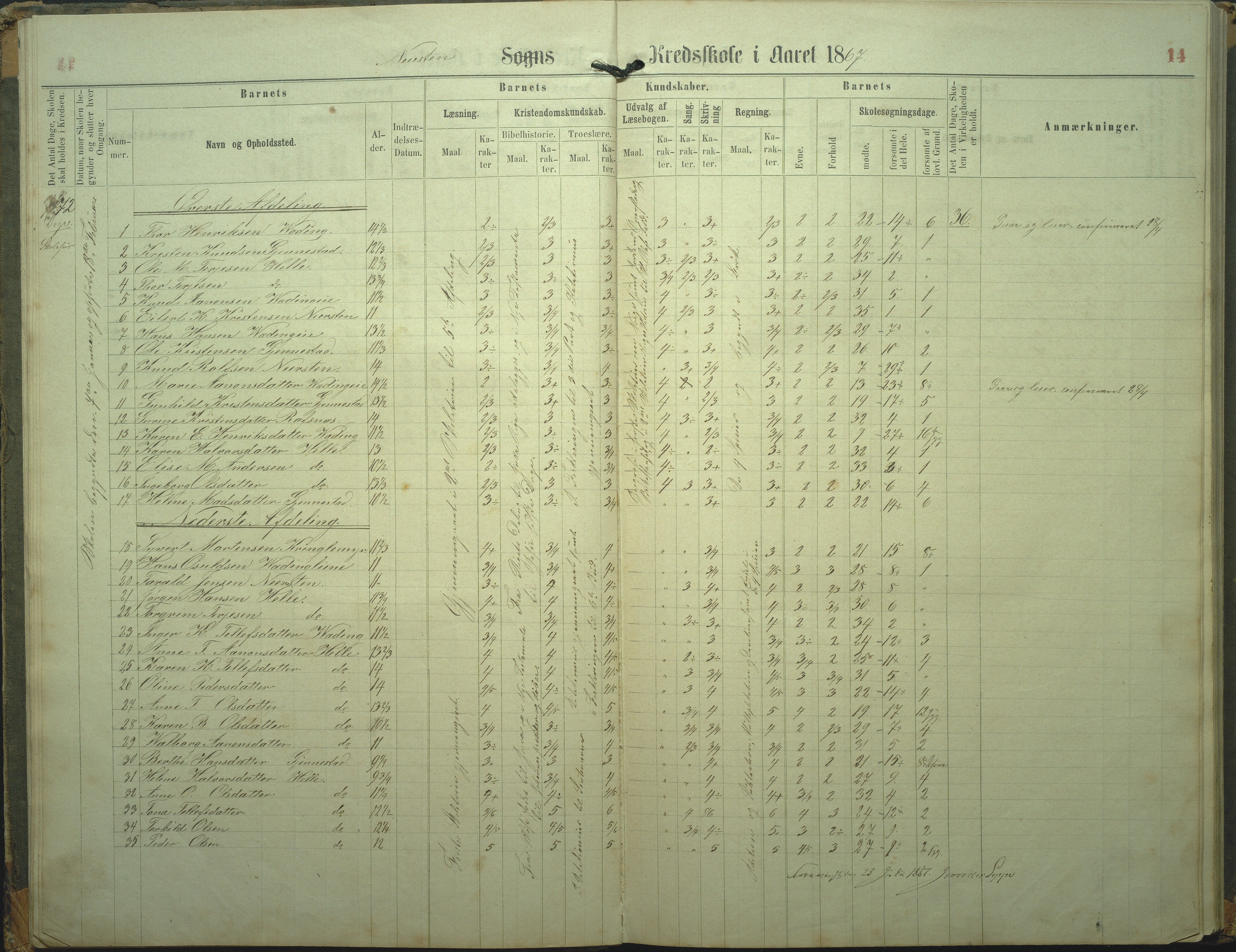 Øyestad kommune frem til 1979, AAKS/KA0920-PK/06/06L/L0002: Skoleprotokoll, 1863-1899, p. 14