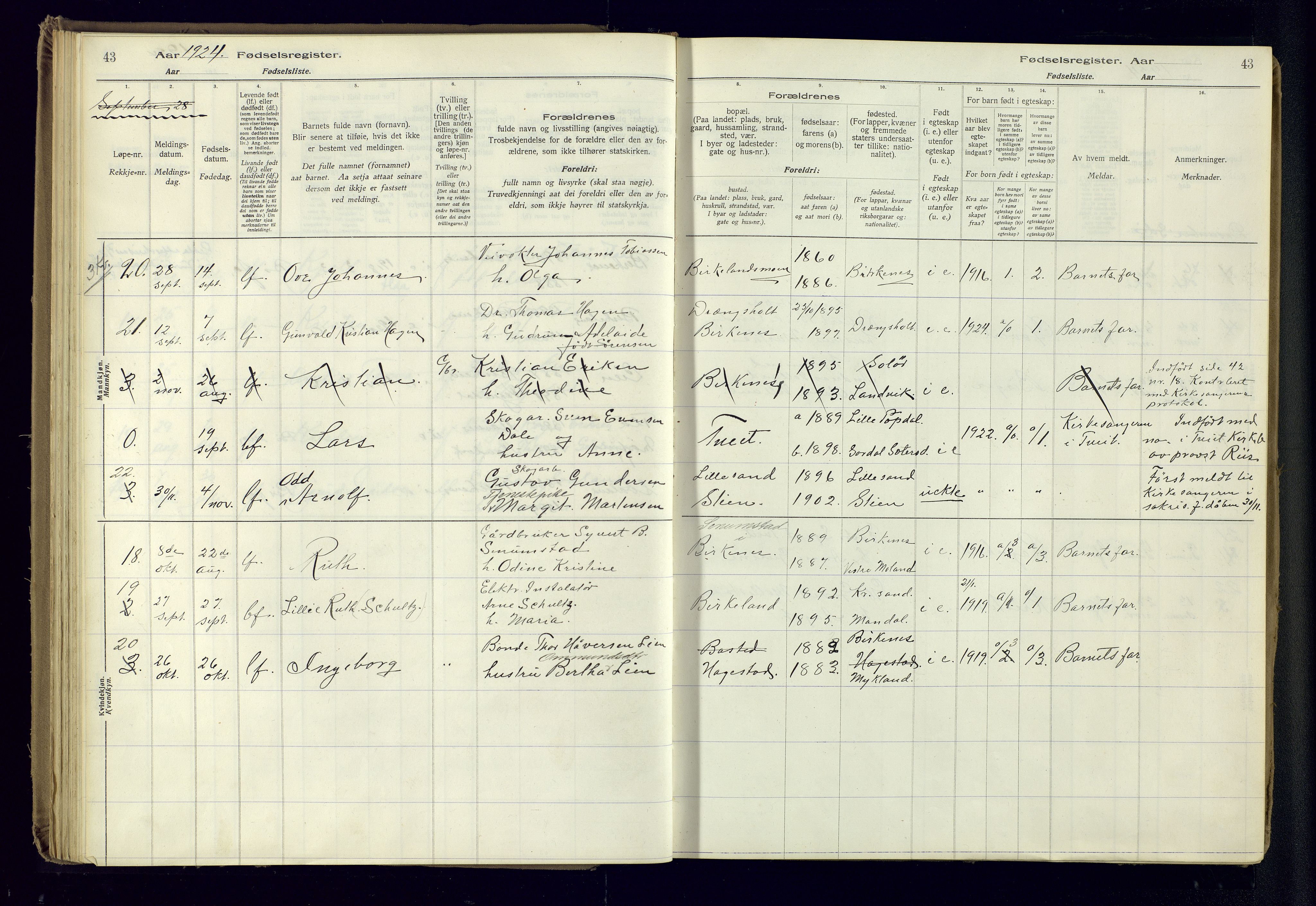 Birkenes sokneprestkontor, AV/SAK-1111-0004/J/Ja/L0001: Birth register no. II.6.4, 1916-1962, p. 43