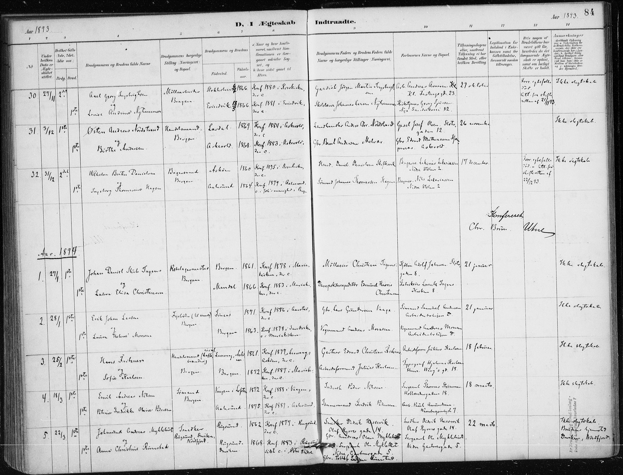 Mariakirken Sokneprestembete, SAB/A-76901/H/Haa/L0013: Parish register (official) no. C 1, 1889-1900, p. 84