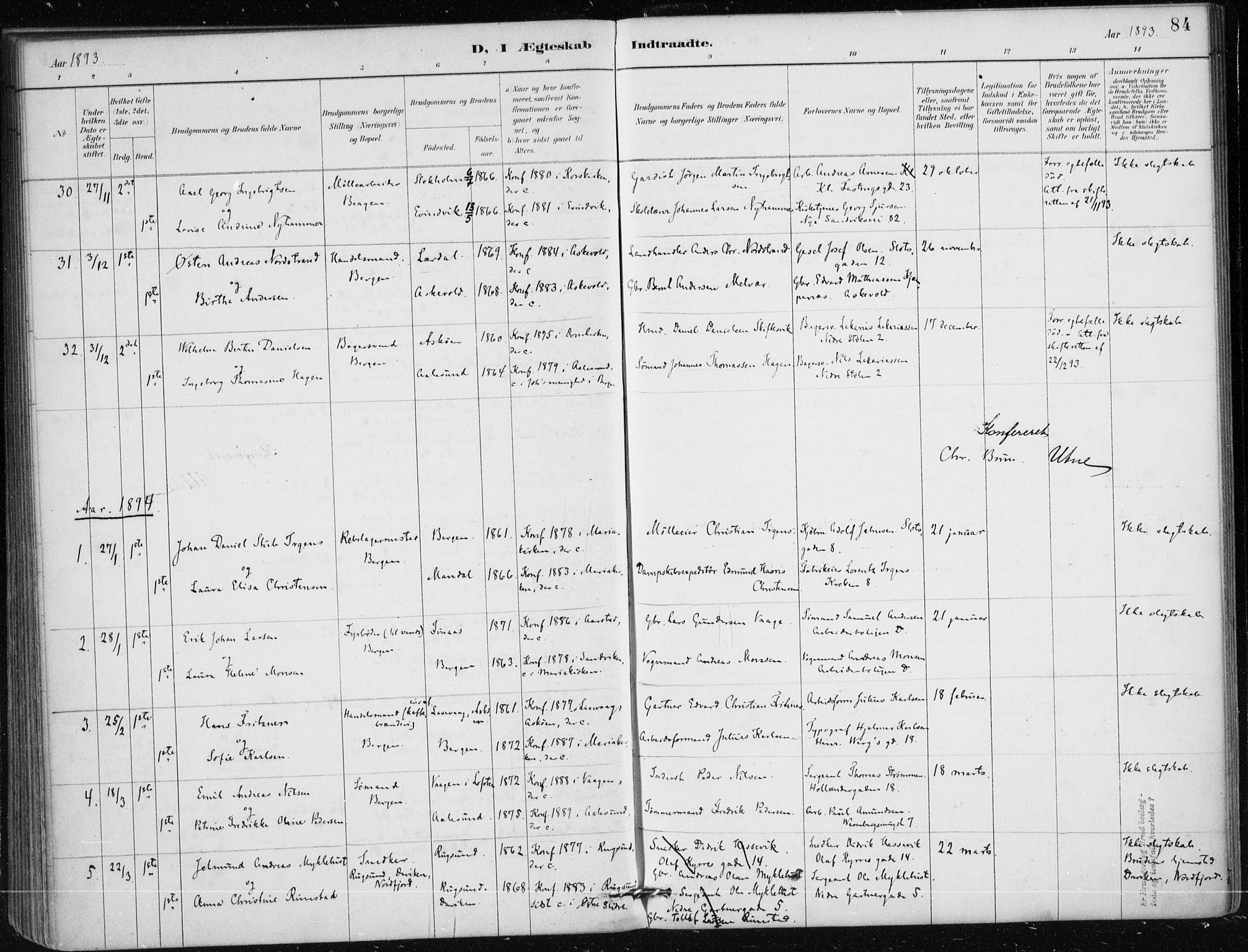 Mariakirken Sokneprestembete, AV/SAB-A-76901/H/Haa/L0013: Parish register (official) no. C 1, 1889-1900, p. 84