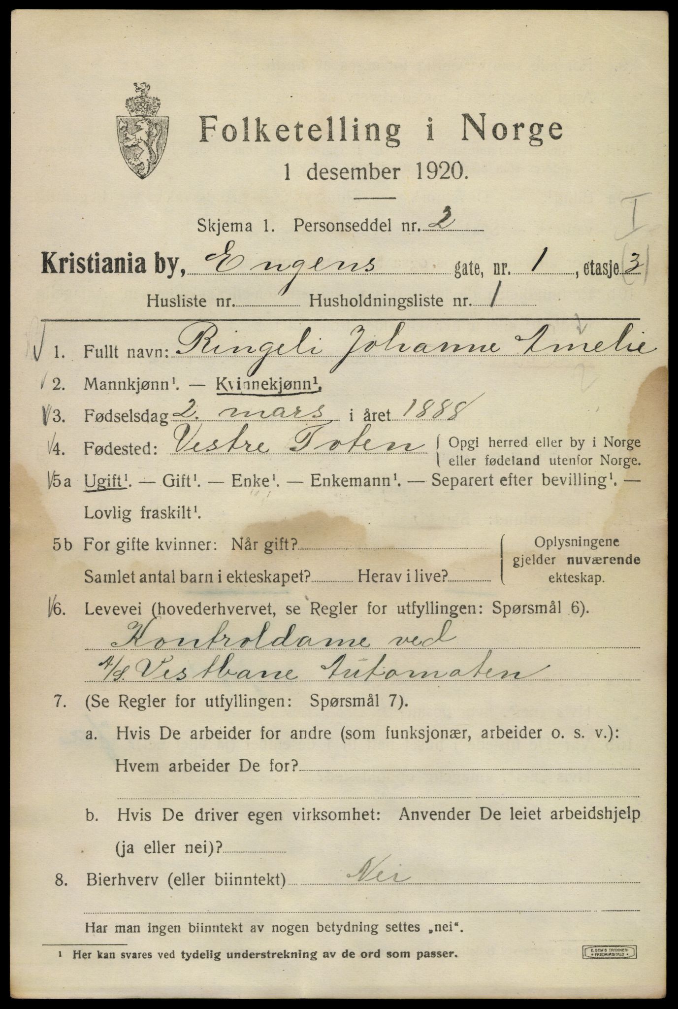 SAO, 1920 census for Kristiania, 1920, p. 218351