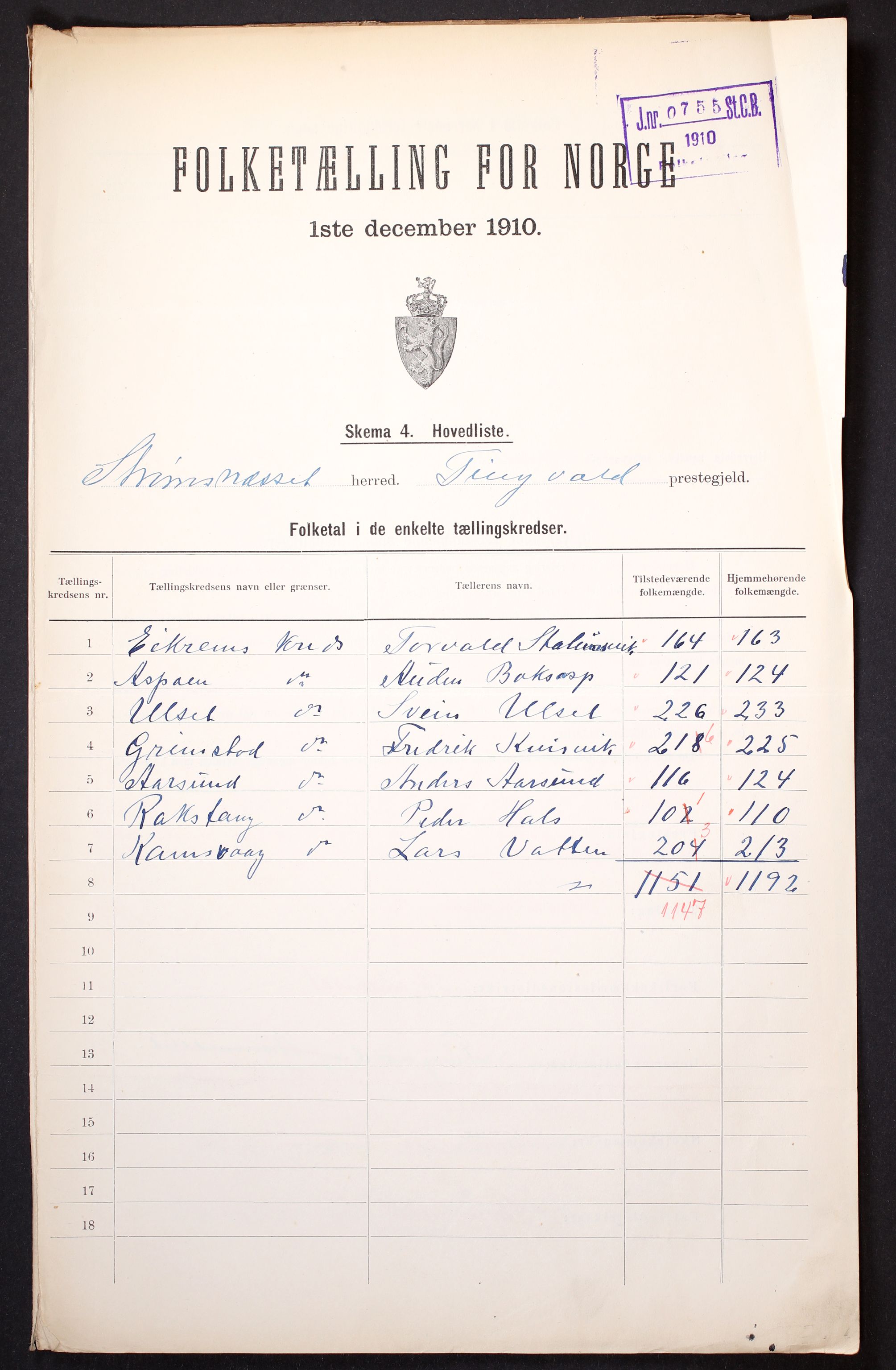 RA, 1910 census for Straumsnes, 1910, p. 2