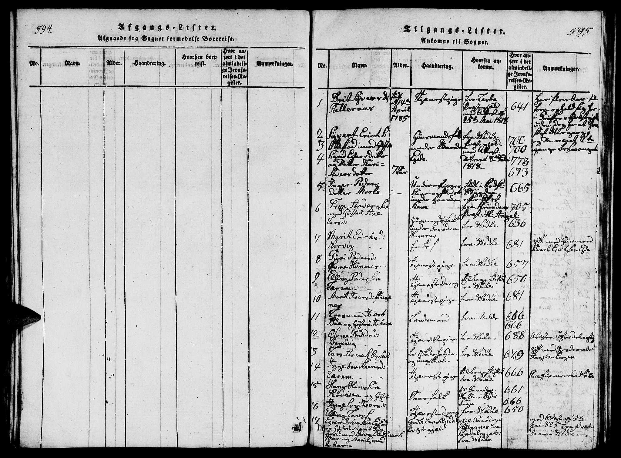 Ministerialprotokoller, klokkerbøker og fødselsregistre - Møre og Romsdal, SAT/A-1454/542/L0558: Parish register (copy) no. 542C01, 1818-1836, p. 594-595