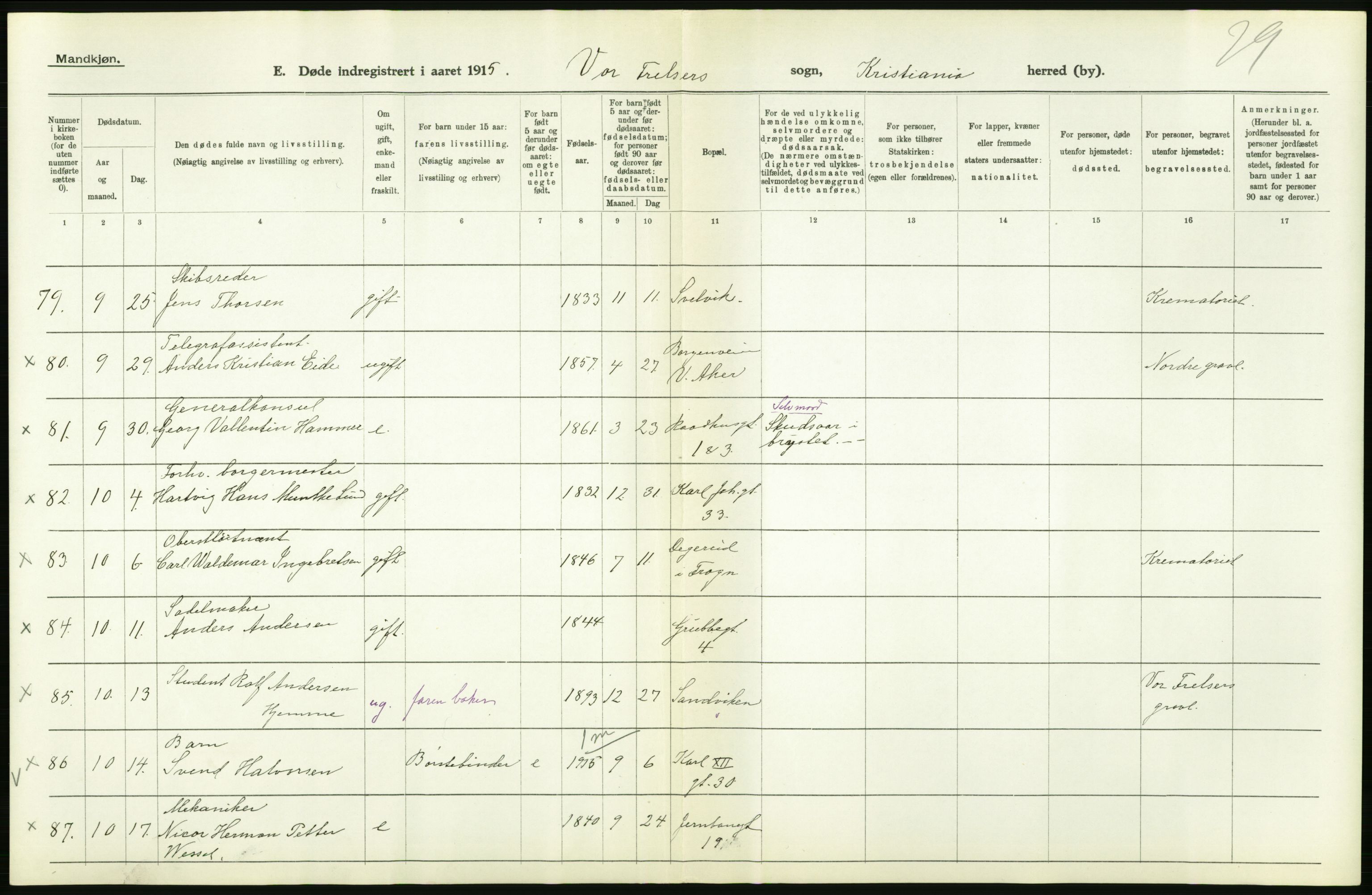 Statistisk sentralbyrå, Sosiodemografiske emner, Befolkning, AV/RA-S-2228/D/Df/Dfb/Dfbe/L0009: Kristiania: Døde., 1915, p. 114