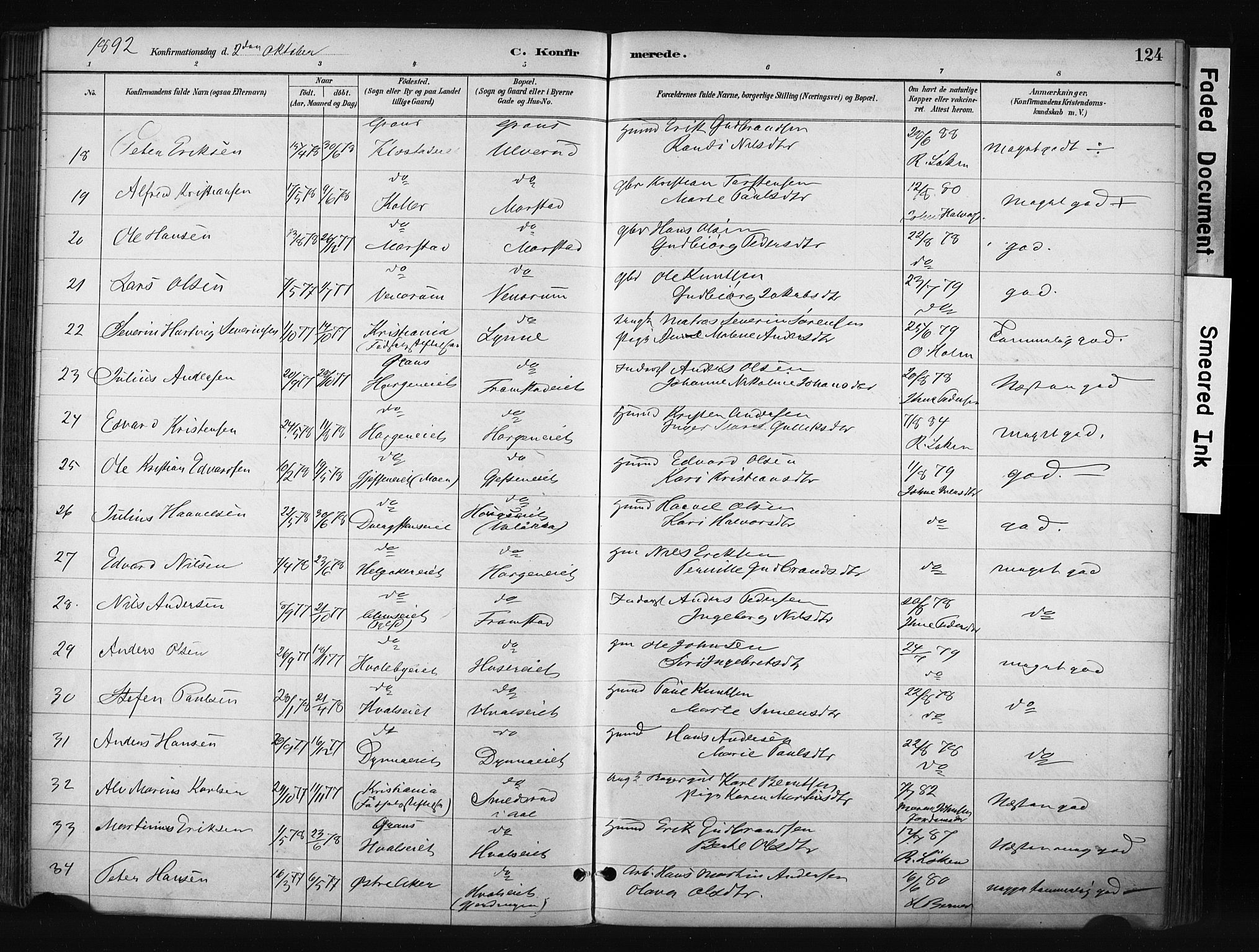 Gran prestekontor, SAH/PREST-112/H/Ha/Haa/L0017: Parish register (official) no. 17, 1889-1897, p. 124