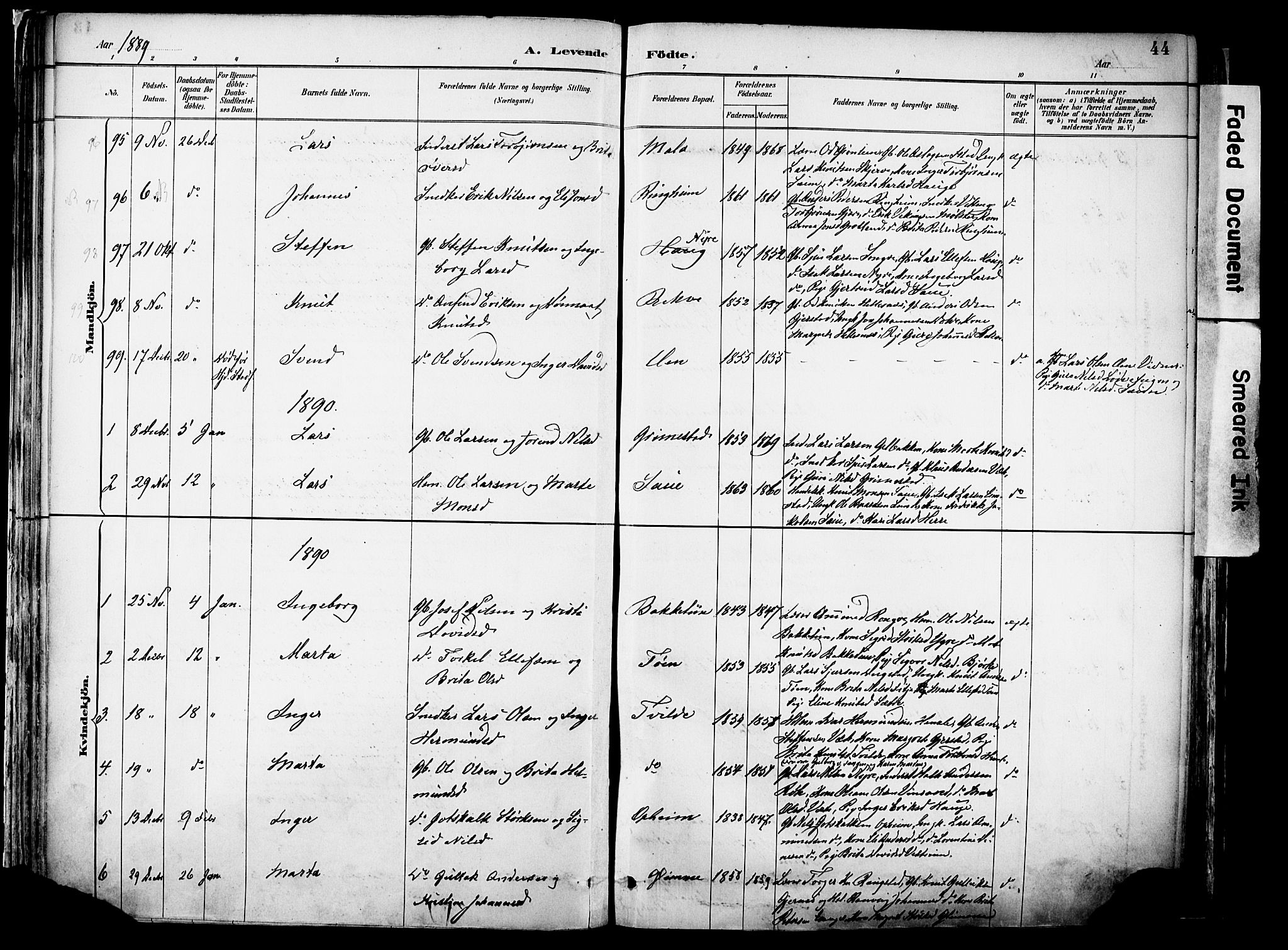 Voss sokneprestembete, SAB/A-79001/H/Haa: Parish register (official) no. A 21, 1887-1903, p. 44