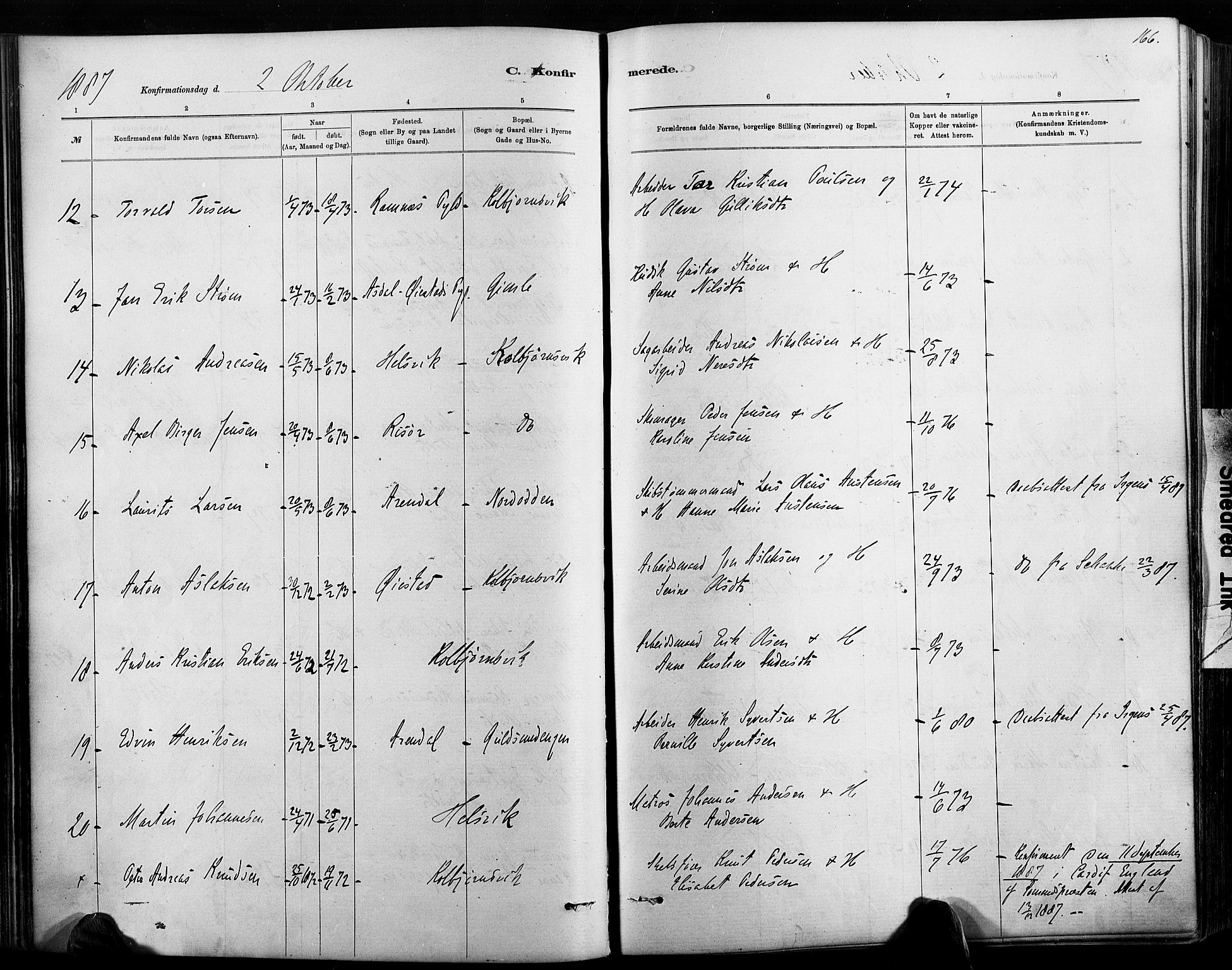 Hisøy sokneprestkontor, AV/SAK-1111-0020/F/Fa/L0003: Parish register (official) no. A 3, 1881-1894, p. 166