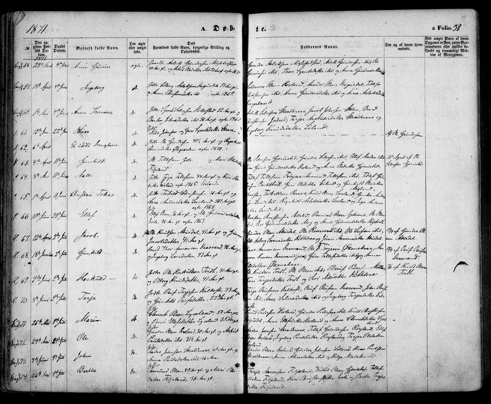 Evje sokneprestkontor, AV/SAK-1111-0008/F/Fa/Faa/L0006: Parish register (official) no. A 6, 1866-1884, p. 38