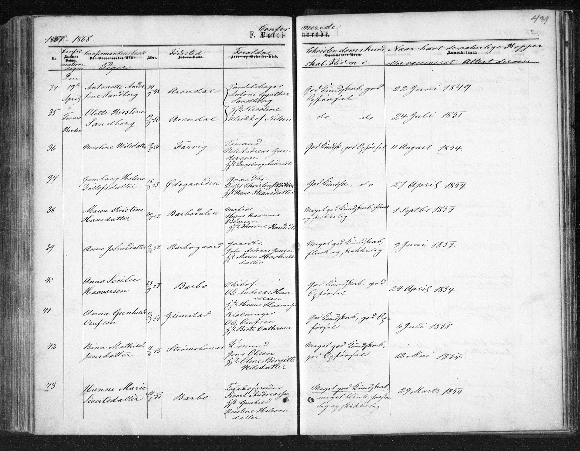 Tromøy sokneprestkontor, AV/SAK-1111-0041/F/Fa/L0007: Parish register (official) no. A 7, 1864-1869, p. 439