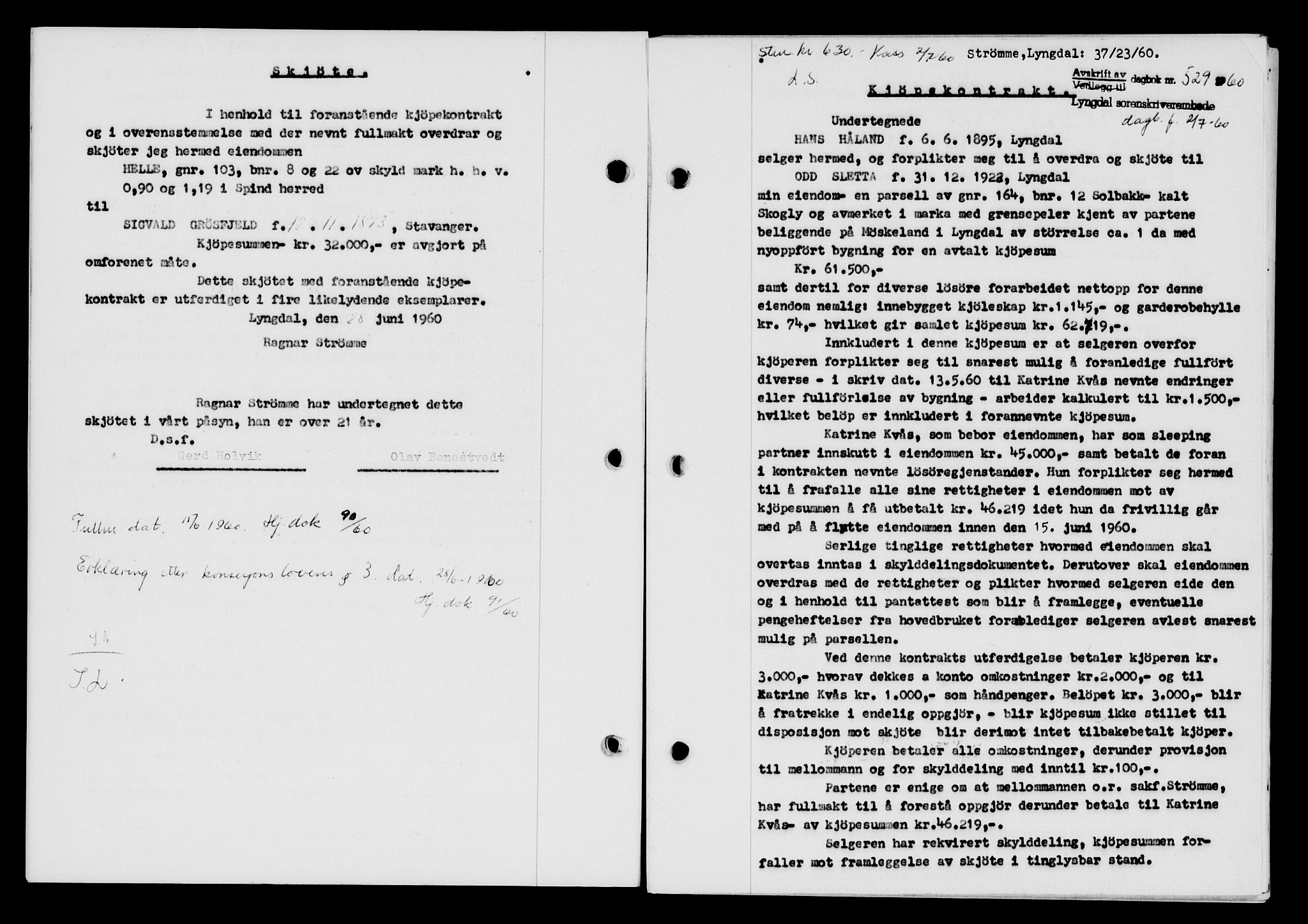 Lyngdal sorenskriveri, AV/SAK-1221-0004/G/Gb/L0680: Mortgage book no. A XXVI, 1960-1960, Diary no: : 529/1960