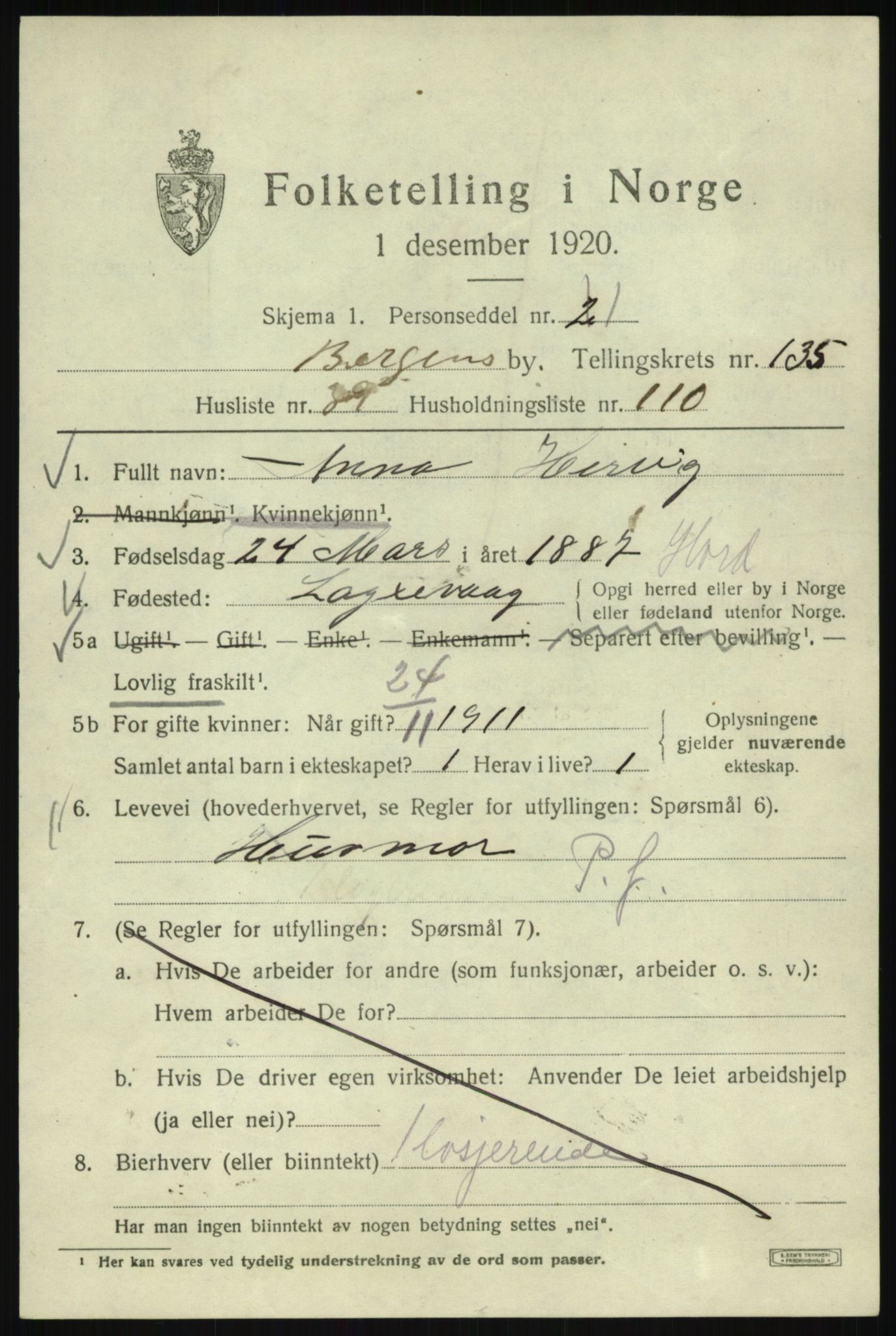 SAB, 1920 census for Bergen, 1920, p. 227735