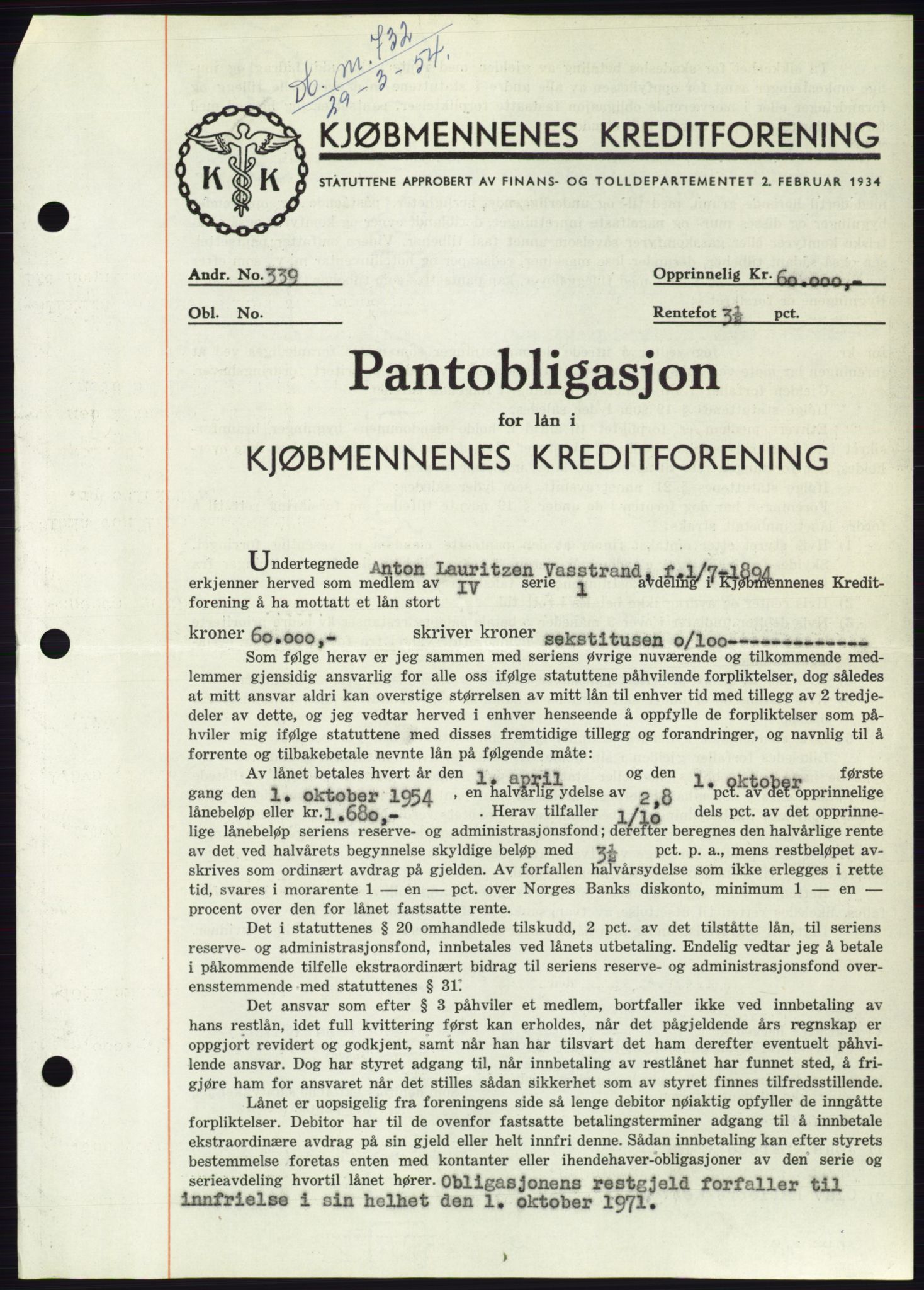 Søre Sunnmøre sorenskriveri, AV/SAT-A-4122/1/2/2C/L0124: Mortgage book no. 12B, 1953-1954, Diary no: : 732/1954