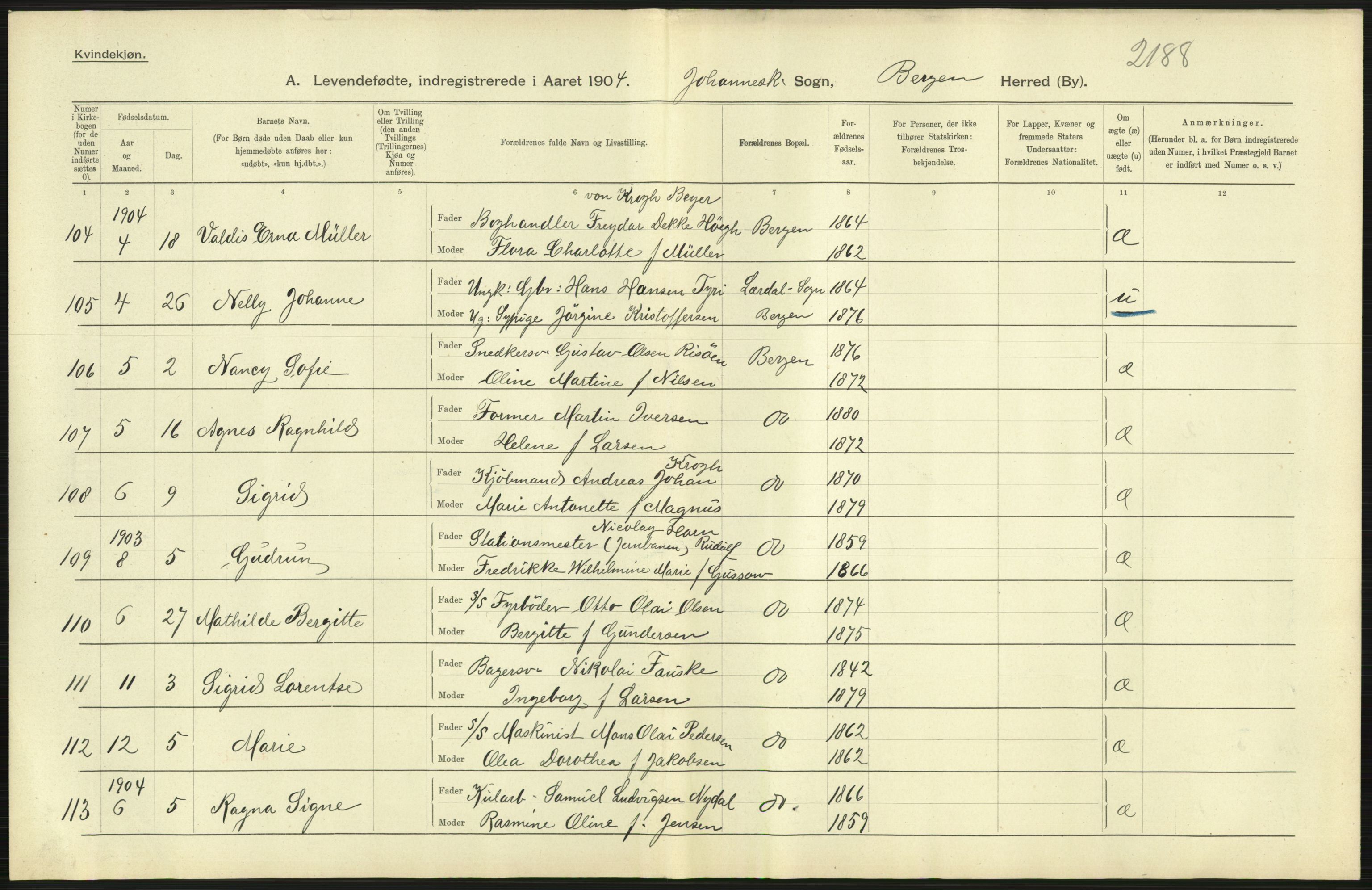 Statistisk sentralbyrå, Sosiodemografiske emner, Befolkning, AV/RA-S-2228/D/Df/Dfa/Dfab/L0014: Bergen: Fødte, gifte, døde, 1904, p. 23