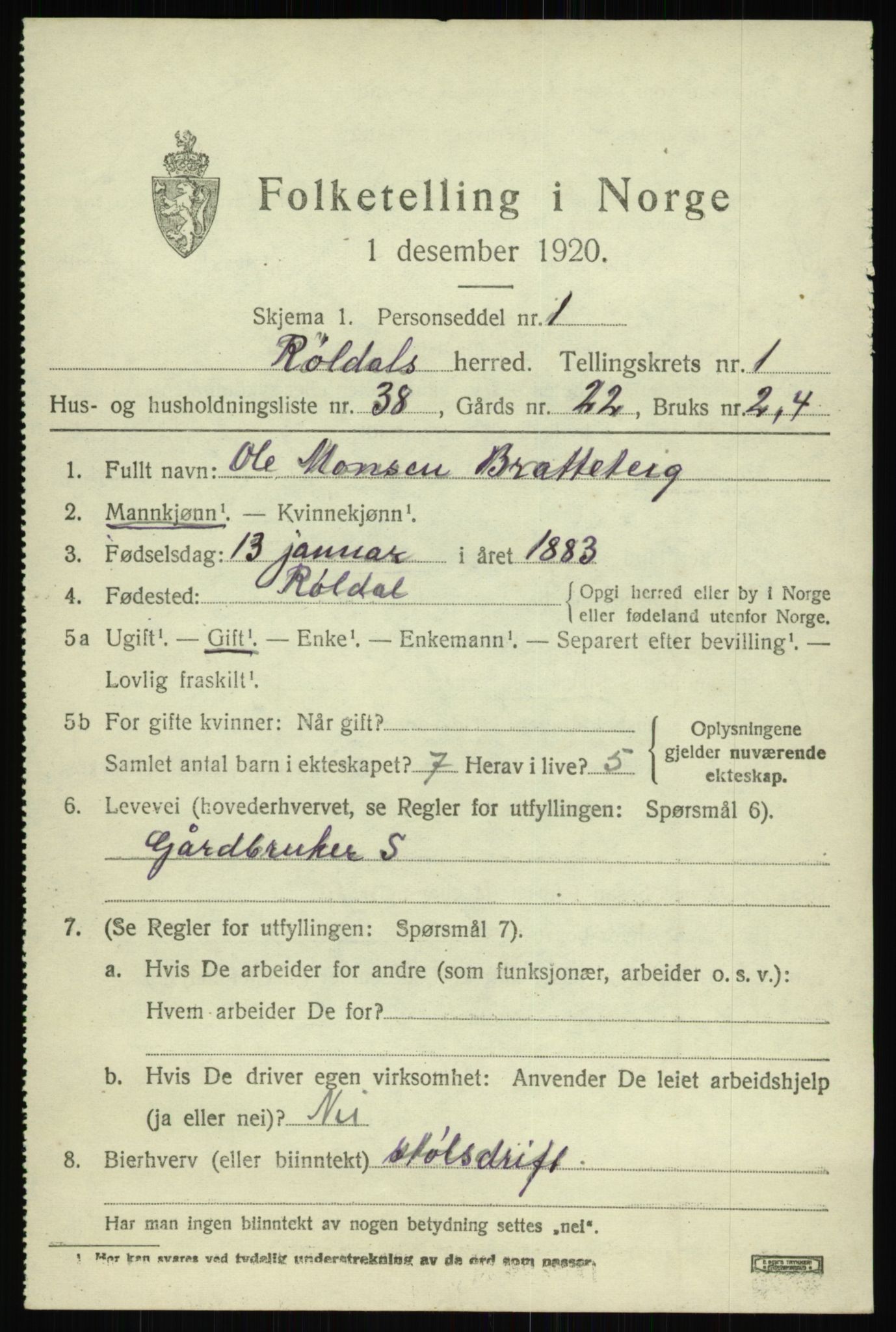 SAB, 1920 census for Røldal, 1920, p. 725