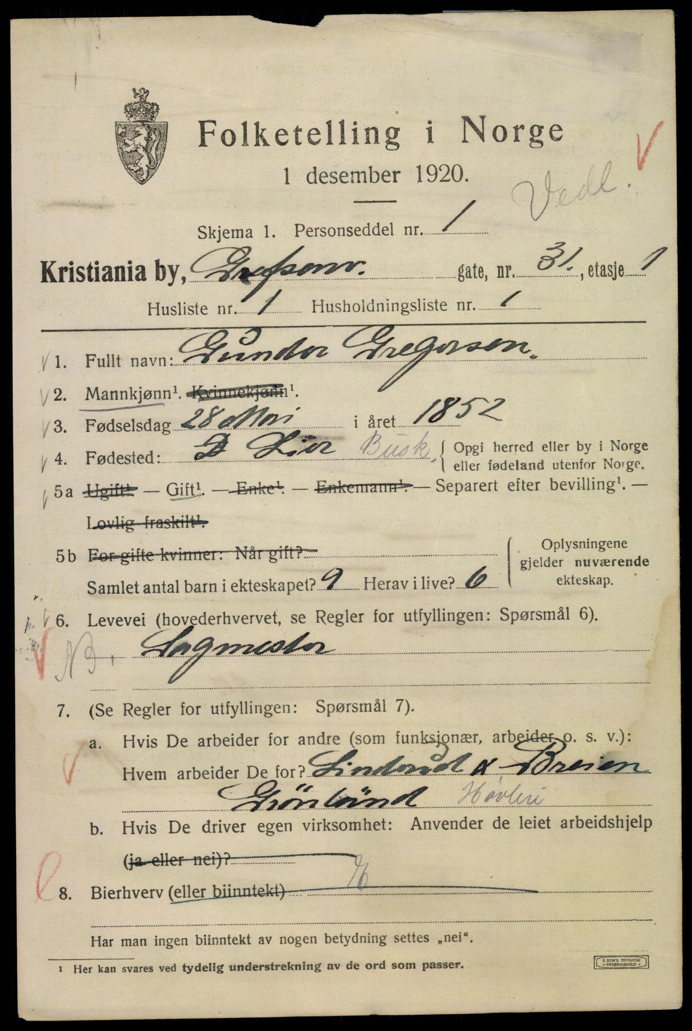 SAO, 1920 census for Kristiania, 1920, p. 251395