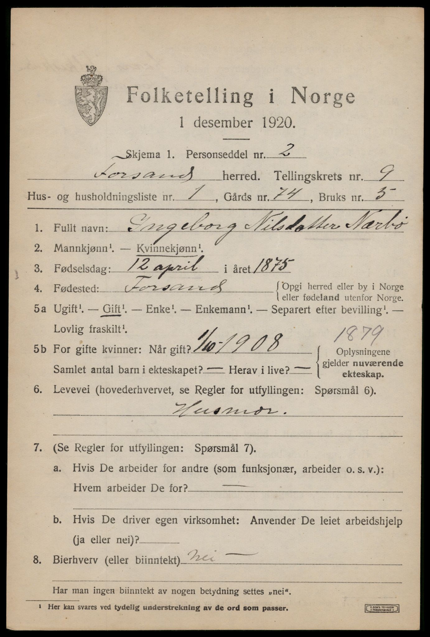 SAST, 1920 census for Forsand, 1920, p. 3977