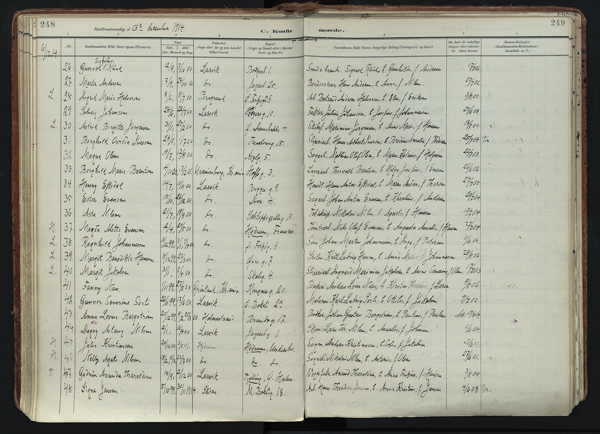 Larvik kirkebøker, SAKO/A-352/F/Fa/L0011: Parish register (official) no. I 11, 1902-1922, p. 248-249