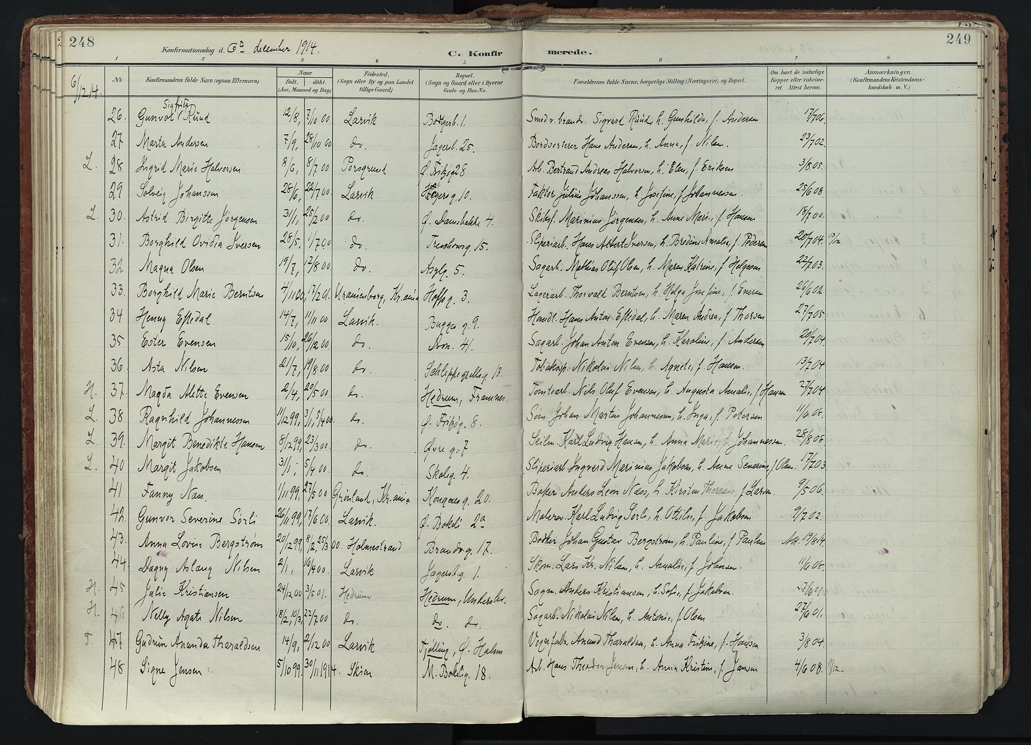 Larvik kirkebøker, AV/SAKO-A-352/F/Fa/L0011: Parish register (official) no. I 11, 1902-1922, p. 248-249