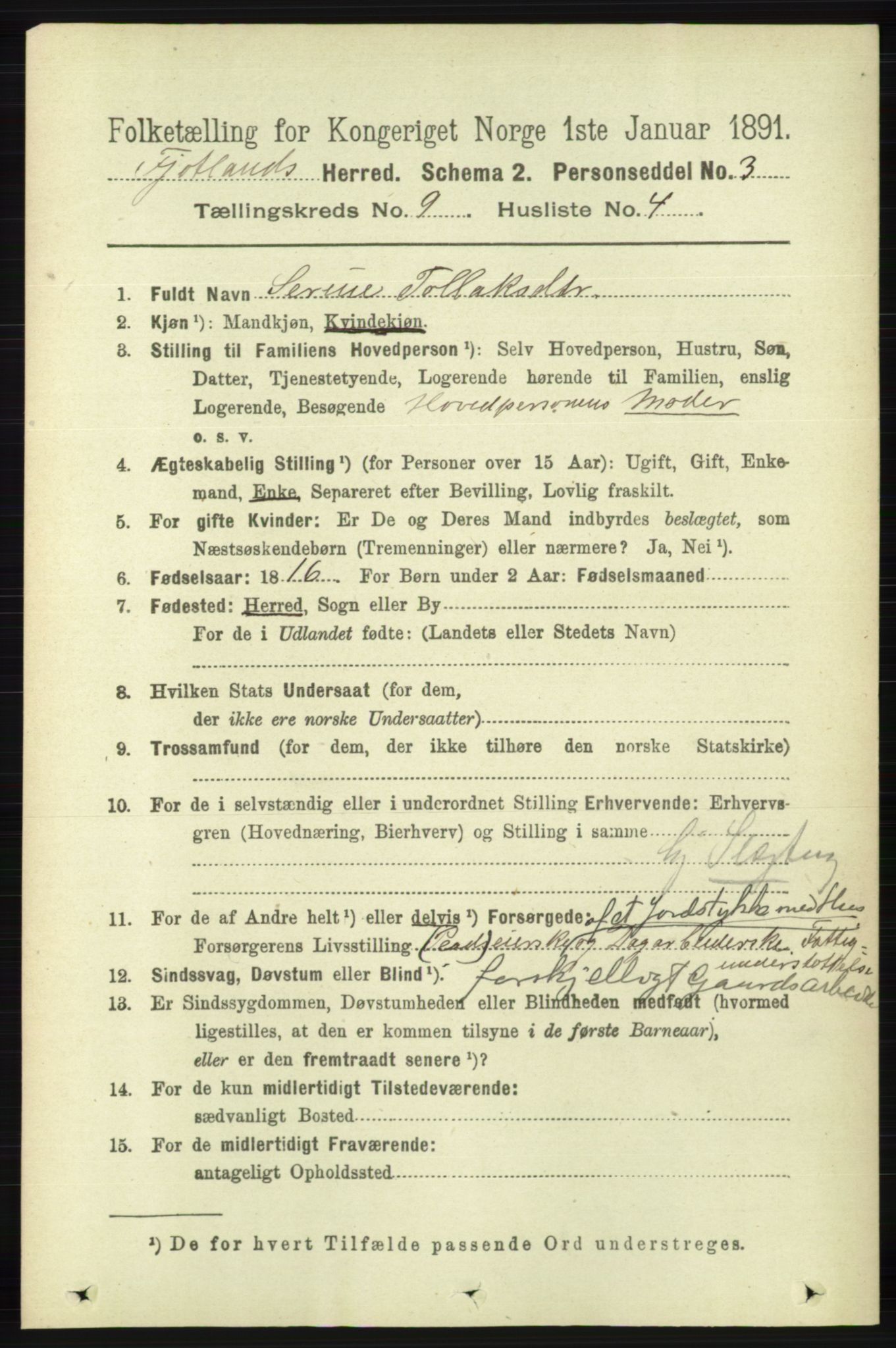 RA, 1891 census for 1036 Fjotland, 1891, p. 1318