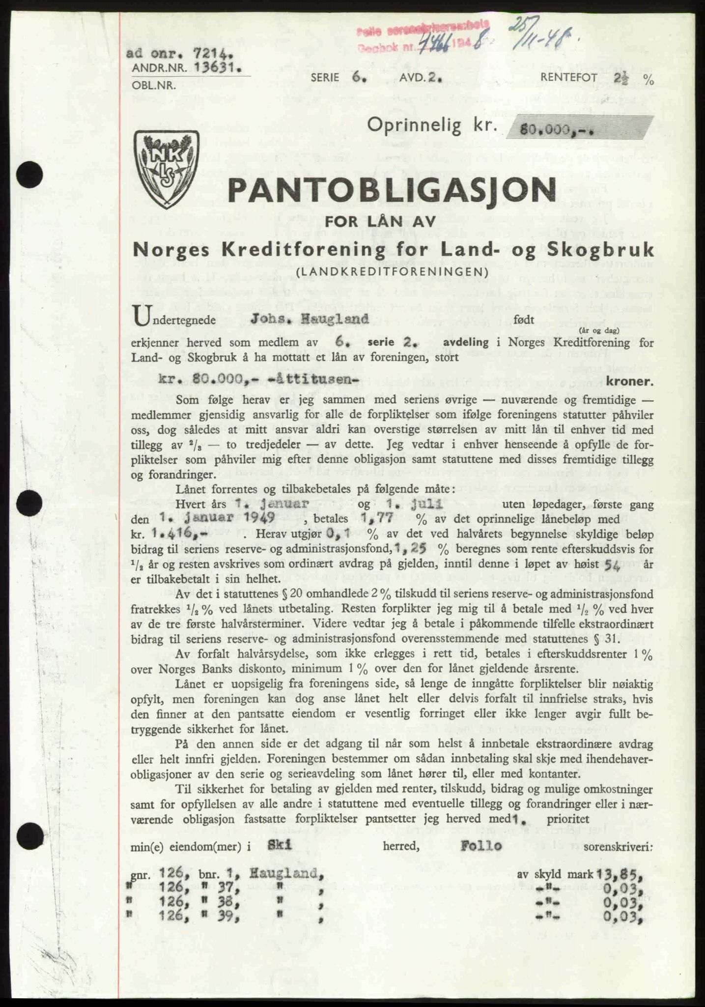 Follo sorenskriveri, SAO/A-10274/G/Ga/Gaa/L0085: Mortgage book no. I 85, 1948-1948, Diary no: : 4466/1948