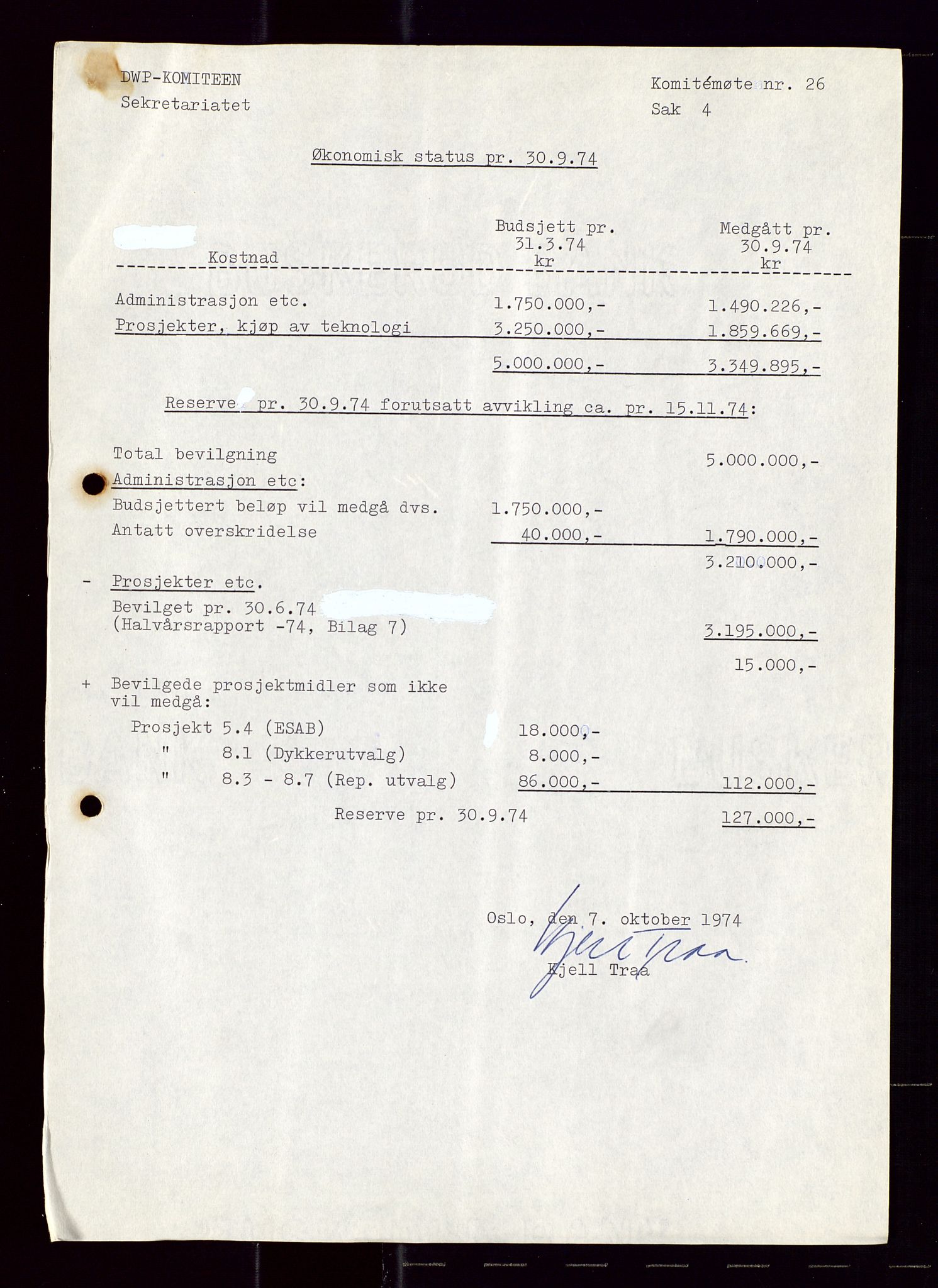 Industridepartementet, Oljekontoret, AV/SAST-A-101348/Di/L0001: DWP, møter juni - november, komiteemøter nr. 19 - 26, 1973-1974, p. 707