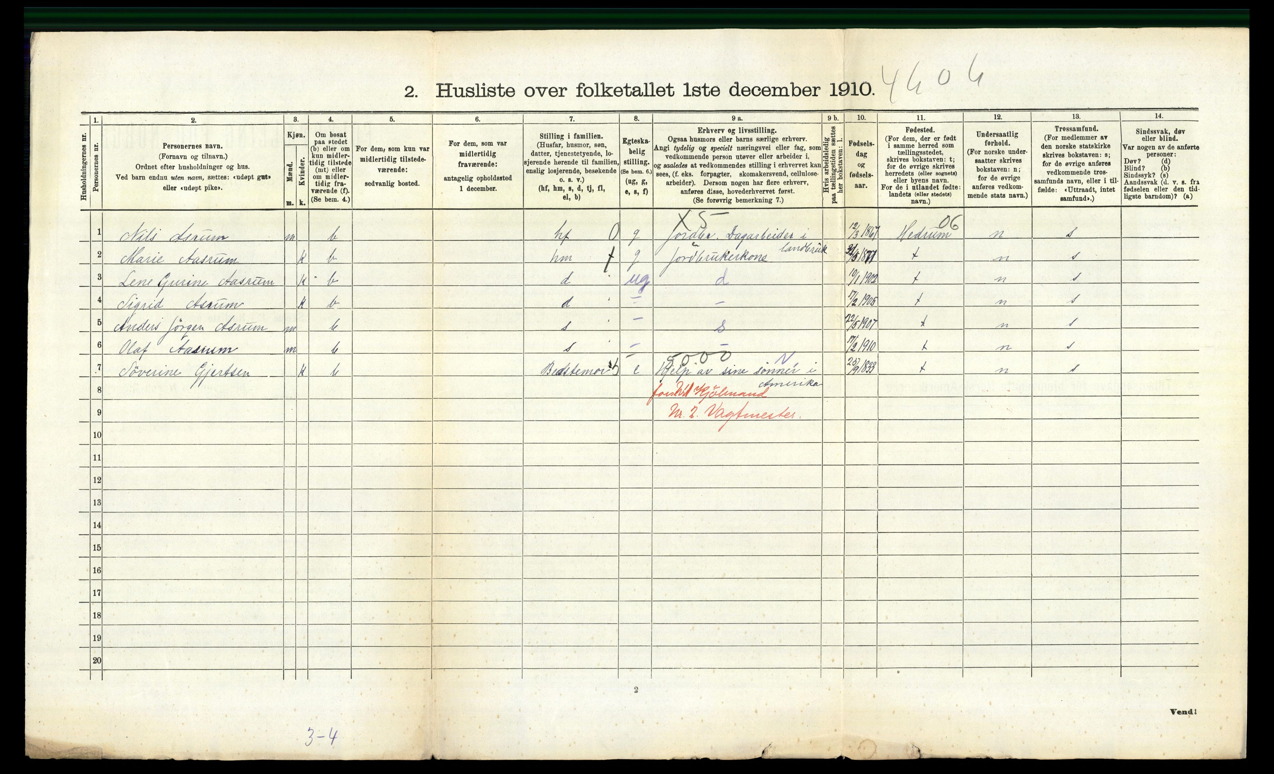 RA, 1910 census for Sandeherred, 1910, p. 1006